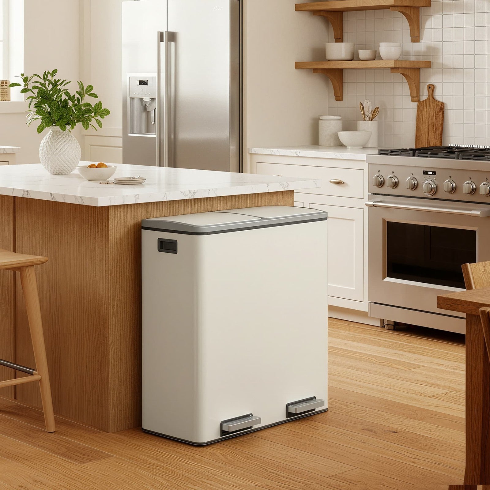 Dual Compartment Kitchen Trash Can with Airtight Hinged Lids - Silver