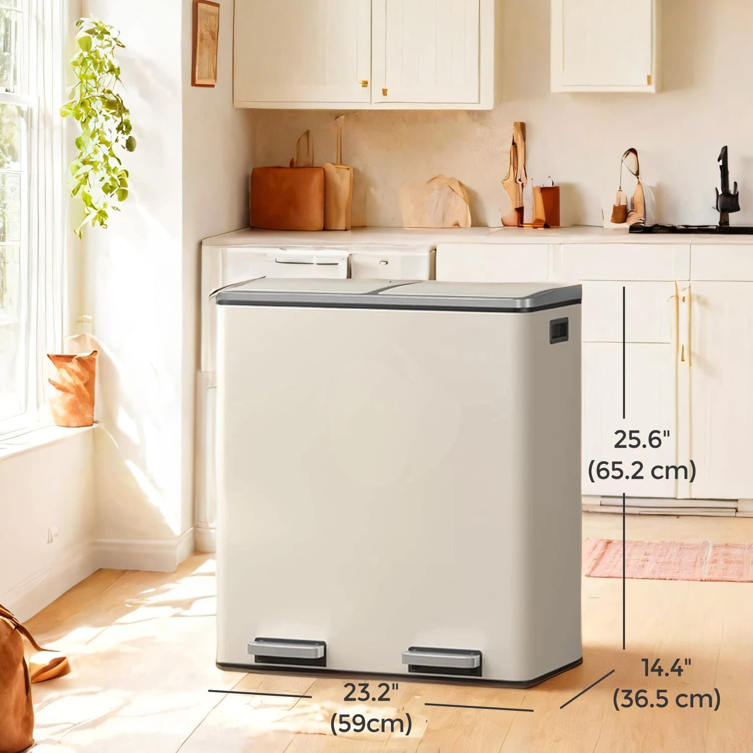 Dual Compartment Kitchen Trash Can with Airtight Hinged Lids - Silver