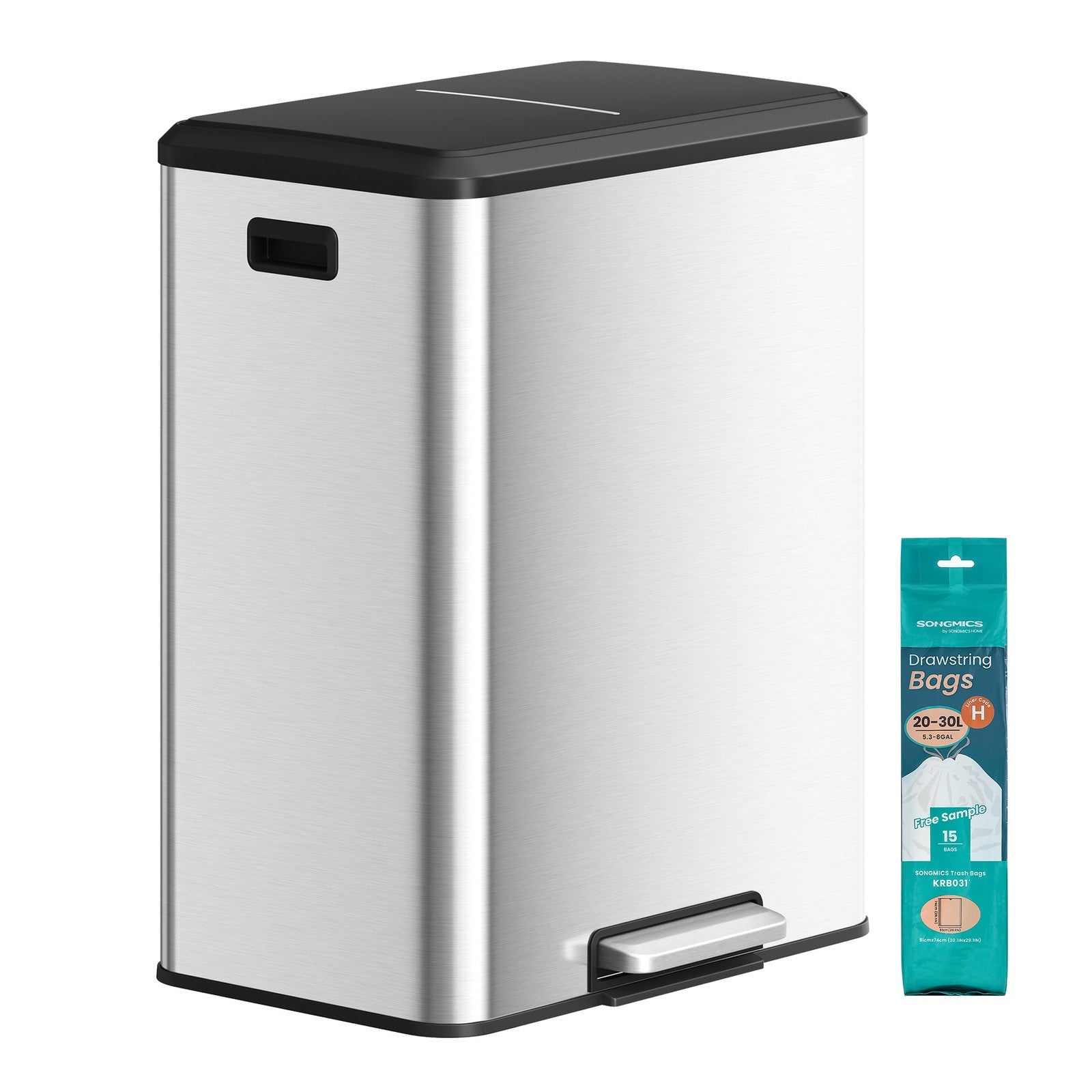 Stainless Steel Dual Pedal Trash Can for Kitchen Recycling - Metallic Silver