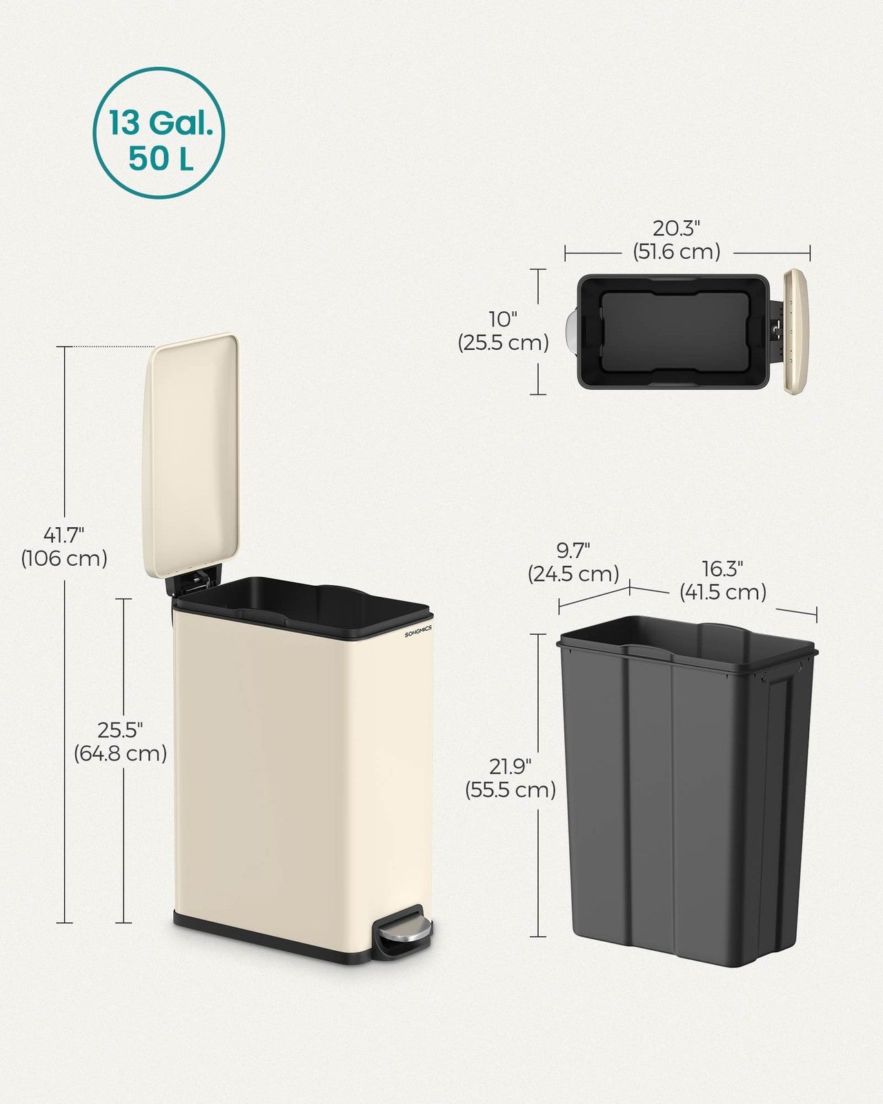 13-Gallon (50 L) Garbage Can for Narrow Spaces with Soft-Close Lid - Sand Beige