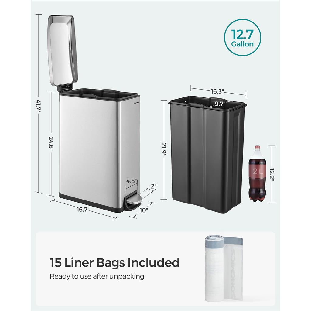 Garbage Can - 13 Gallon - Narrow Design - Soft-Close Lid