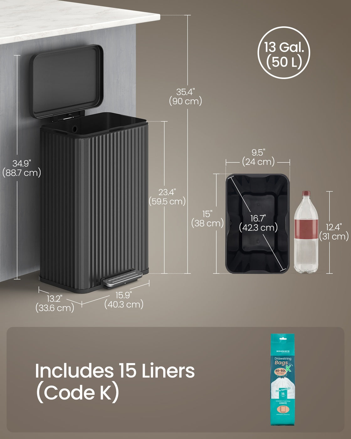50 L Stainless Steel Garbage Can with Lid and Removable Inner Bucket Ink Black - Ink Black