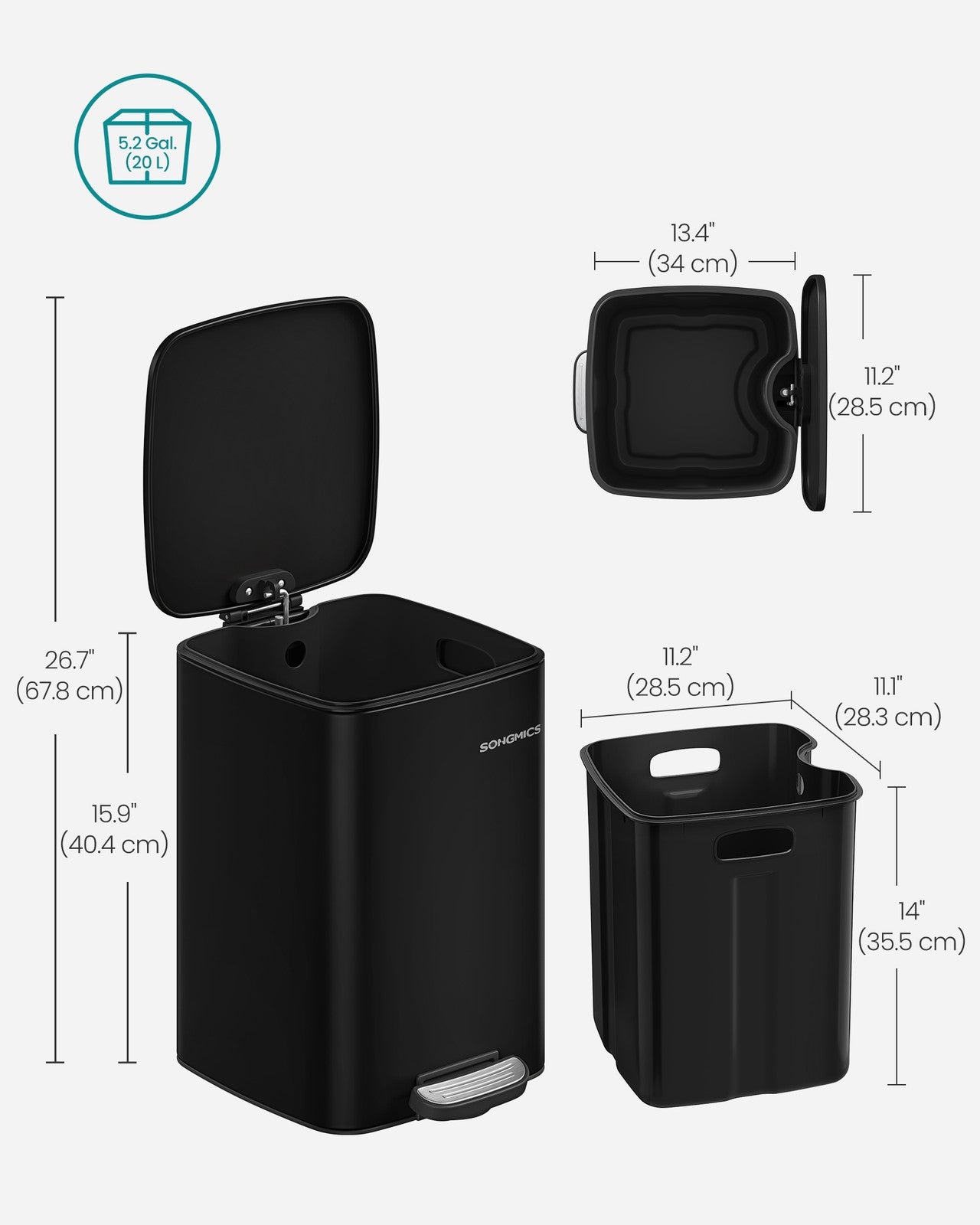 Stainless Trash Can 5.2-Gallon (20 L) with Inner Bucket - Ink Black