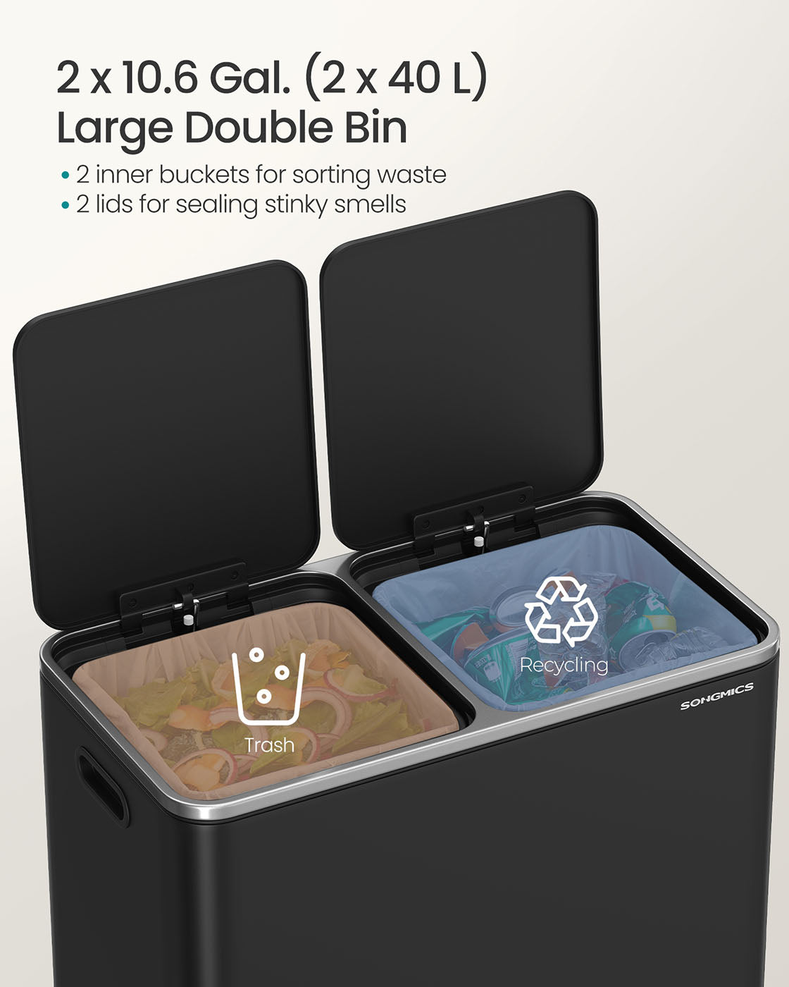 Kitchen Trash Can - 2 x 10.6 Gallon - 2 Compartments
