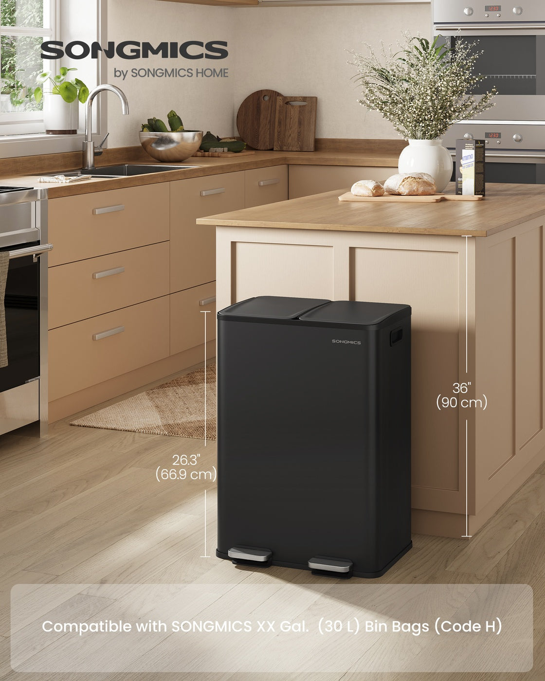 2×30L Dual Compartment Trash Can - Soft-Close - Pedal - Removable Buckets - Stainless Steel - Ink Black