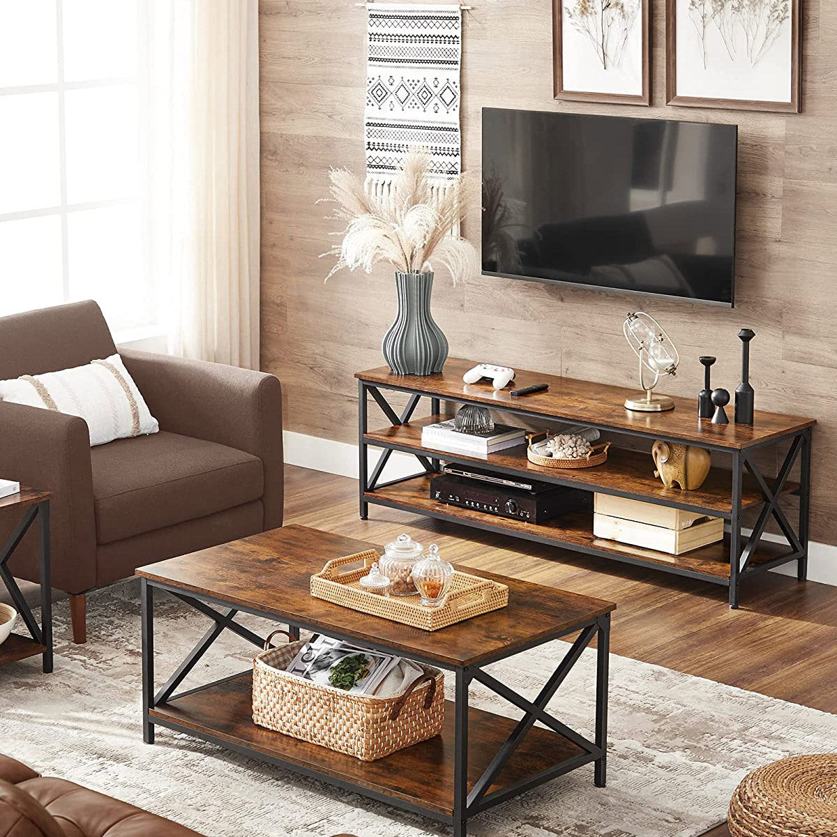 TV Stand - TV Table for Up to 65 Inches TVs - Media TV Console with Shelves - 3-Tier Storage - Farmhouse Industrial with X-Shape Steel Frame - Rustic Brown and Black
