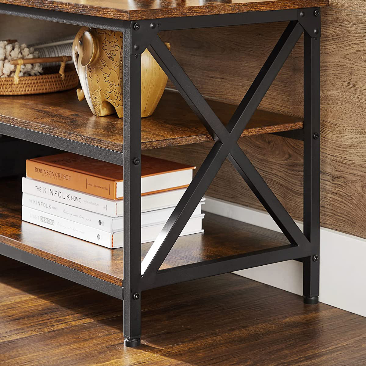 TV Stand - TV Table for Up to 65 Inches TVs - Media TV Console with Shelves - 3-Tier Storage - Farmhouse Industrial with X-Shape Steel Frame - Rustic Brown and Black