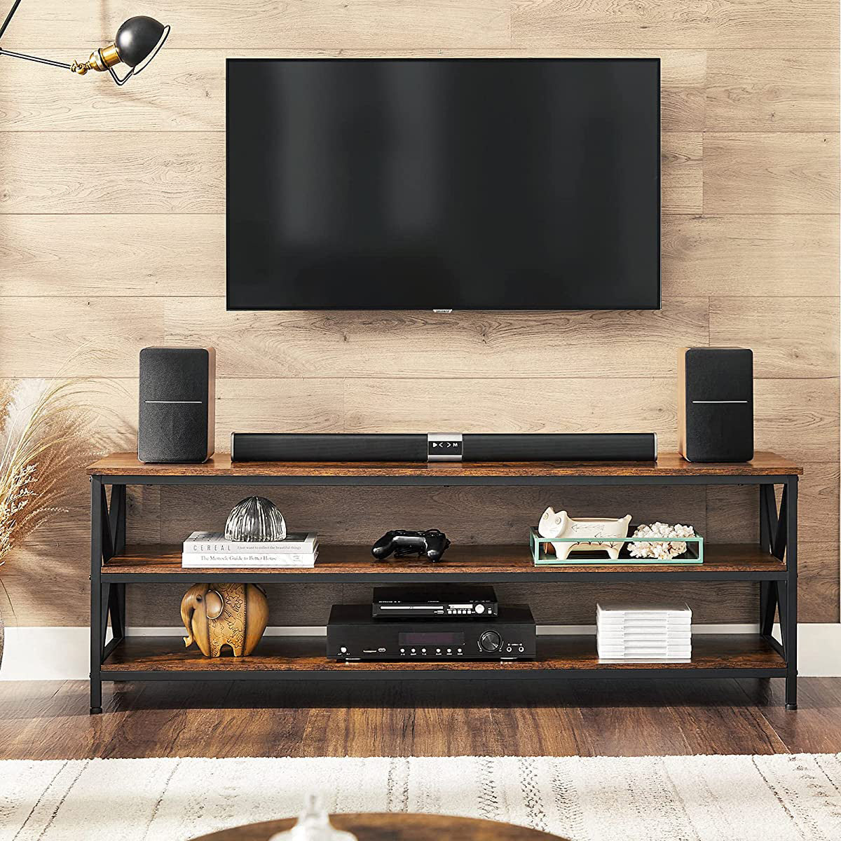 TV Stand - TV Table for Up to 65 Inches TVs - Media TV Console with Shelves - 3-Tier Storage - Farmhouse Industrial with X-Shape Steel Frame - Rustic Brown and Black