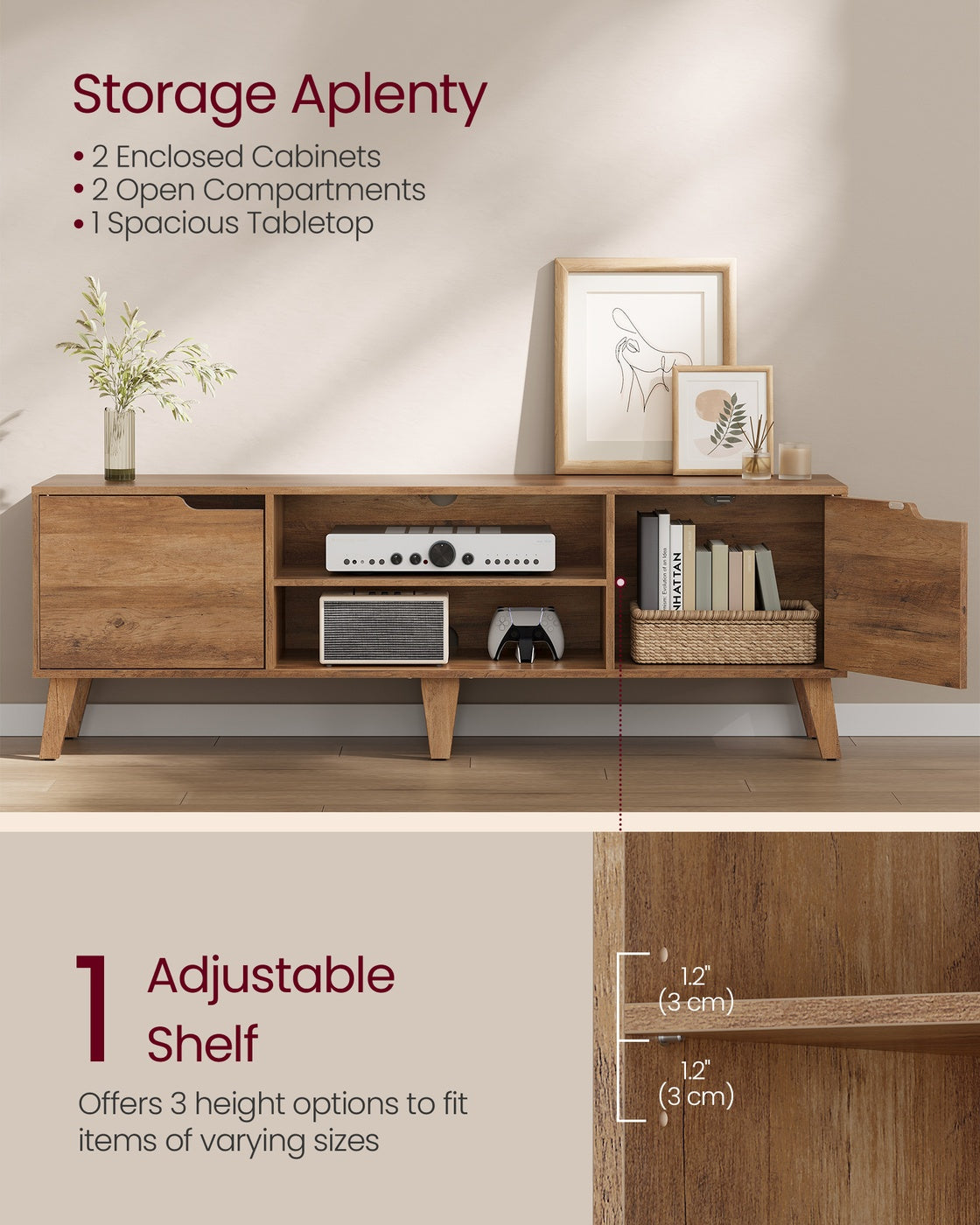 TV Stand for 65-Inch TVs - Entertainment Center with Adjustable Shelf - 58-Inch Long Media Console Table