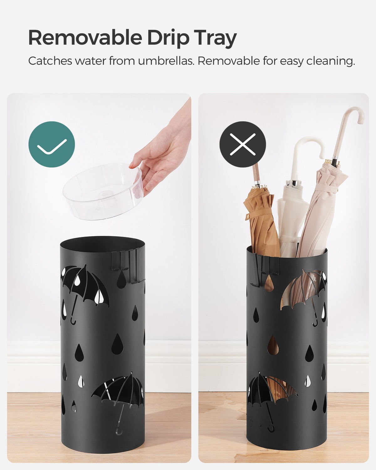 Metal Umbrella Holder with Water Tray and 4 Hooks - Black