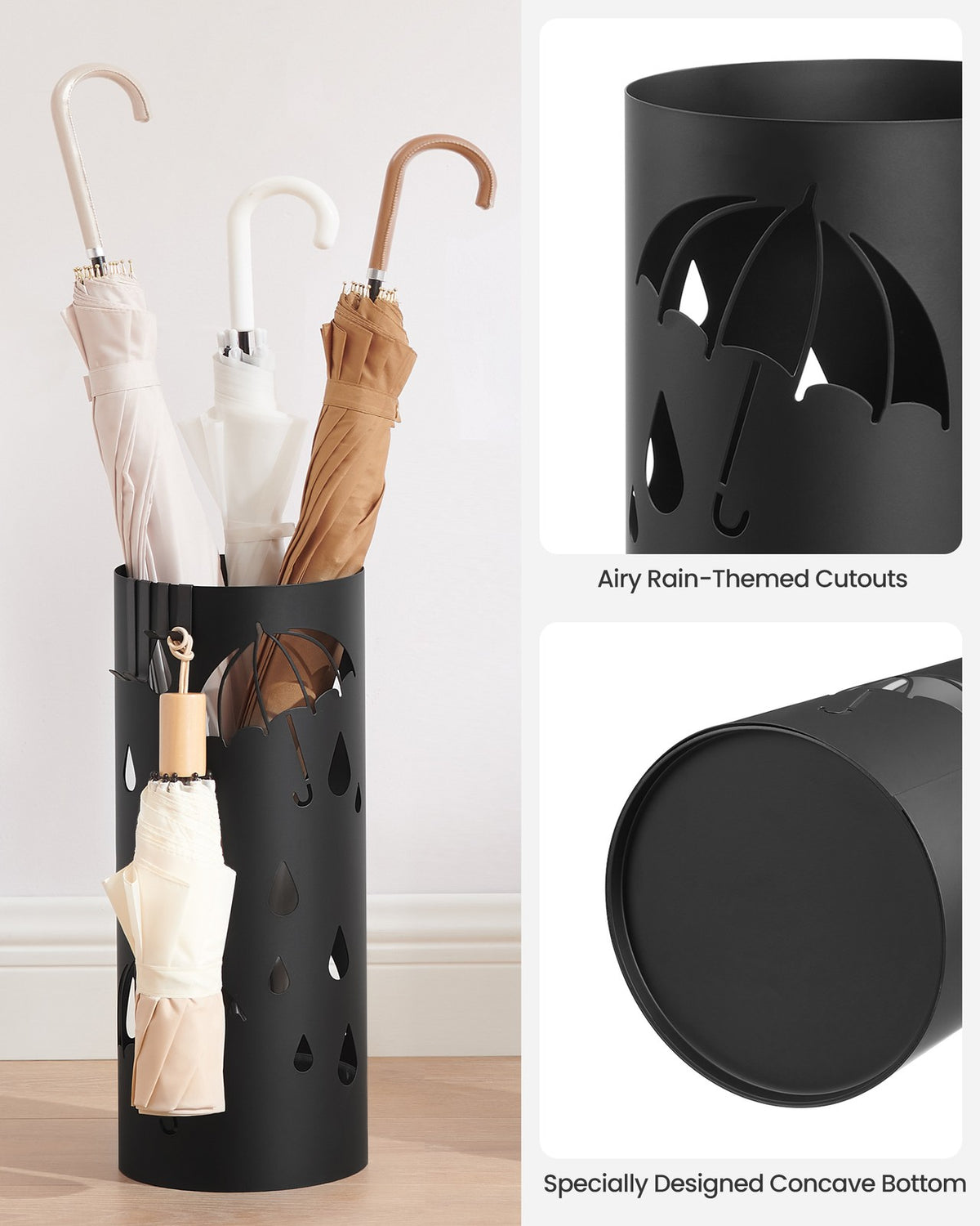 Metal Umbrella Holder with Water Tray and 4 Hooks - Black