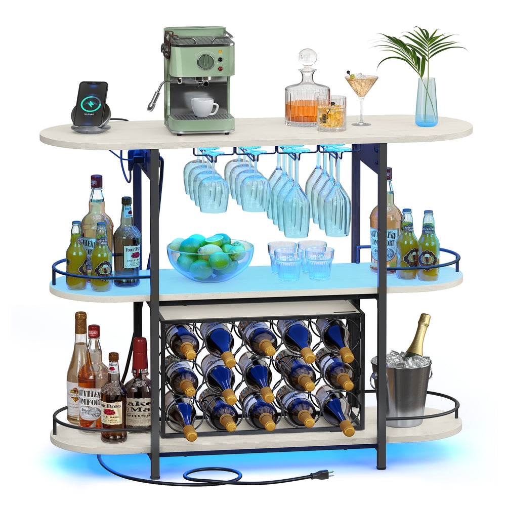 Bar Cabinet with LED Lights and Power Outlets - Rustic White