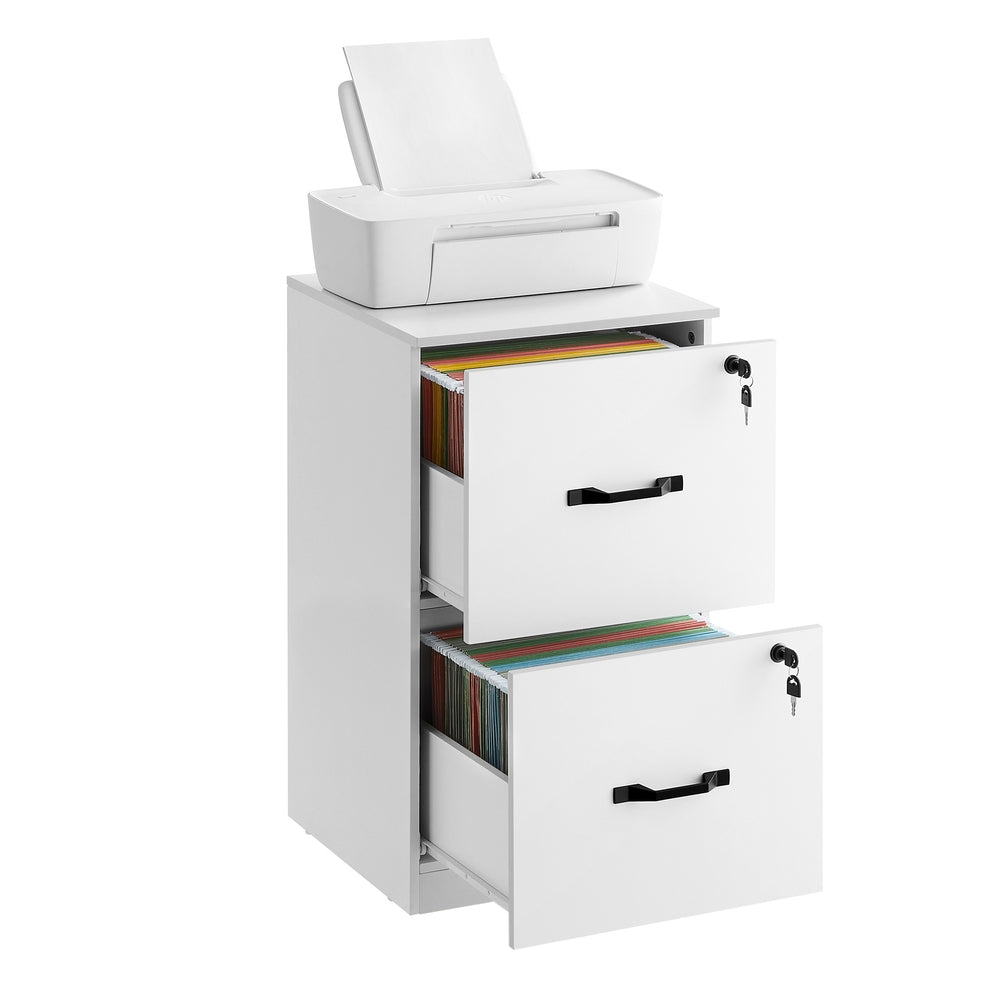2 Drawers File Cabinet with Lock - Printer Stand - Rustic Brown and Ink Black - Cloud White