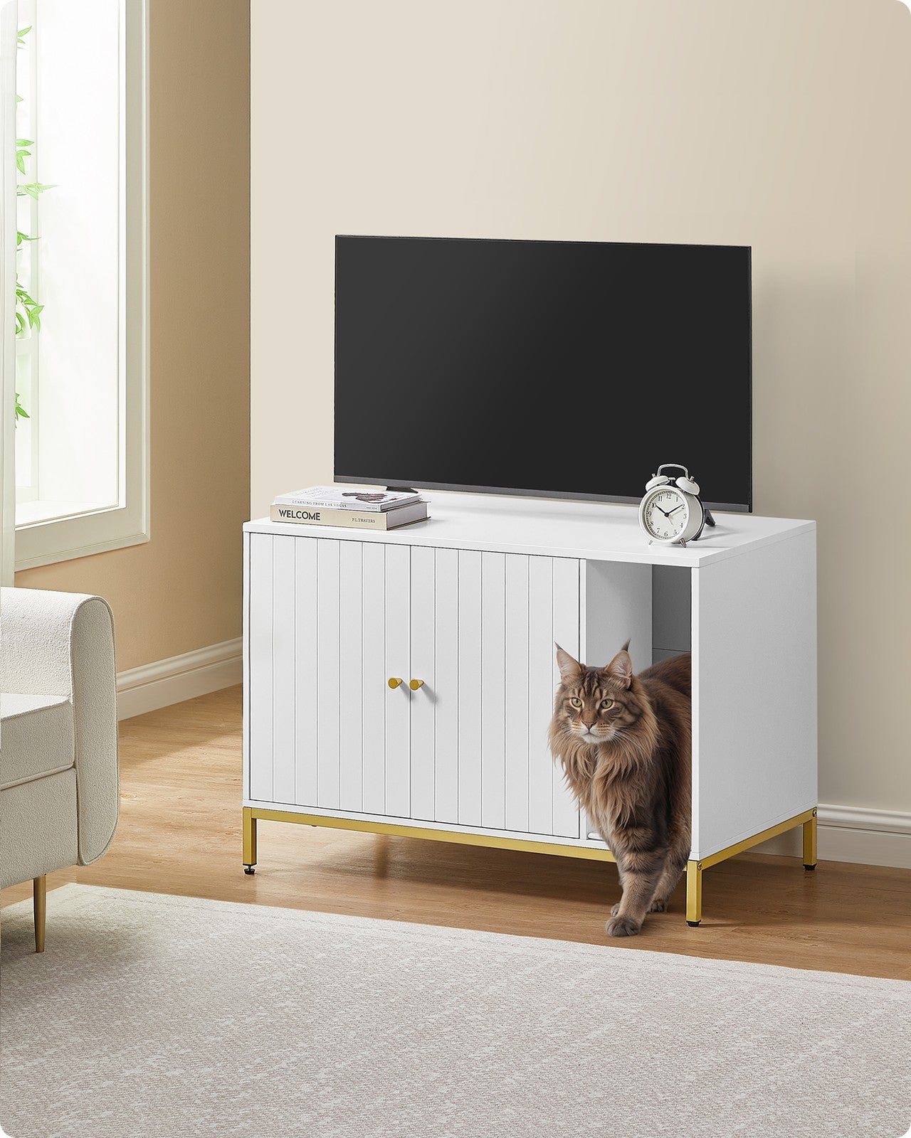 Litter Box Enclosure - 35.4 x 18.9 x 24.2 Inches - White and Gold