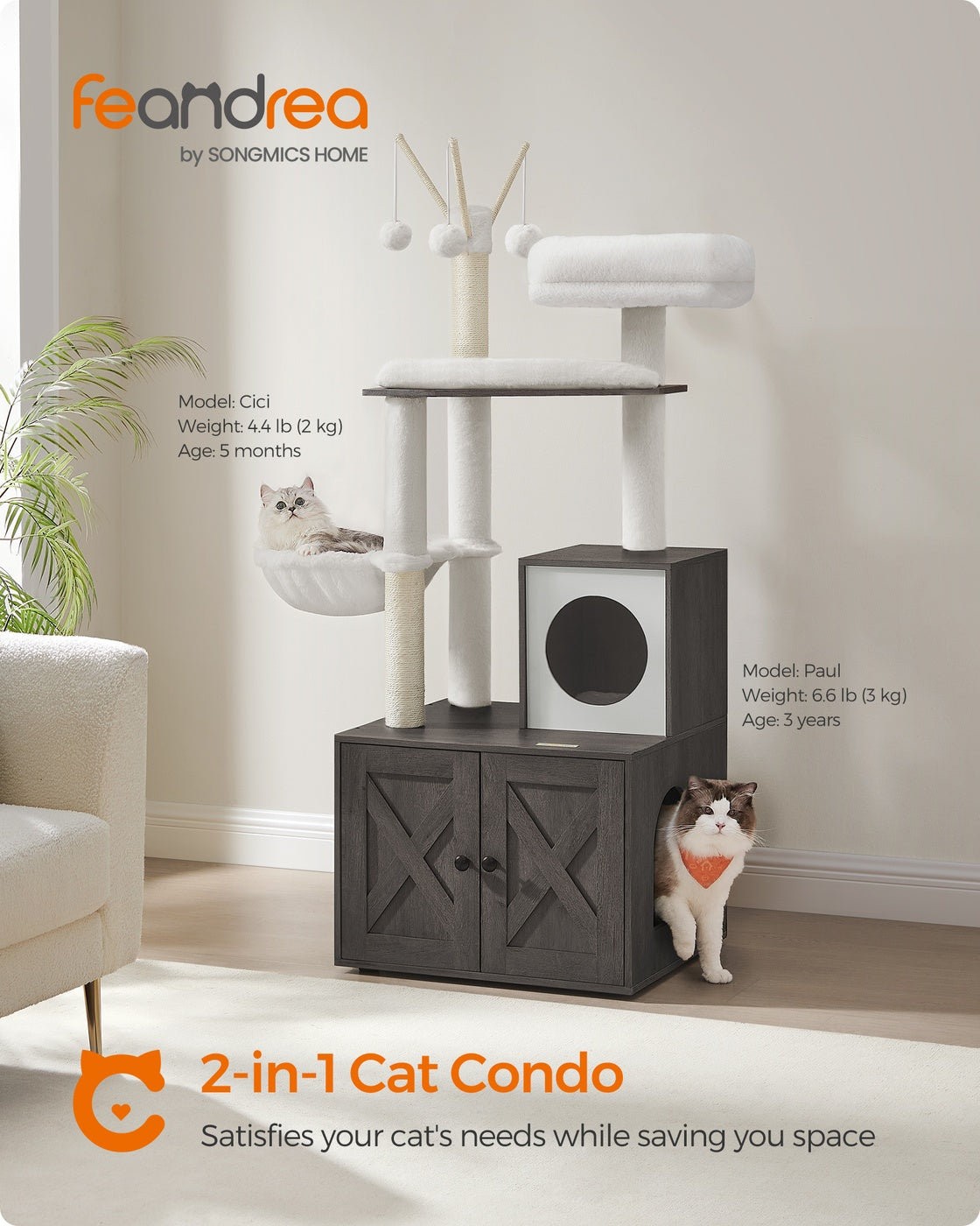 Cat Tree with Litter Box Enclosure - Misty Gray