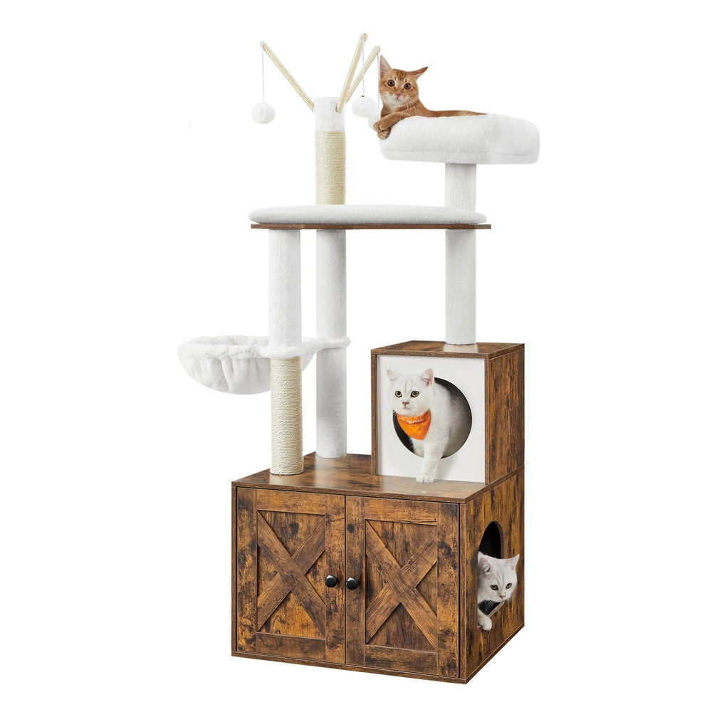Cat Tree with Litter Box Enclosure - Rustic Brown