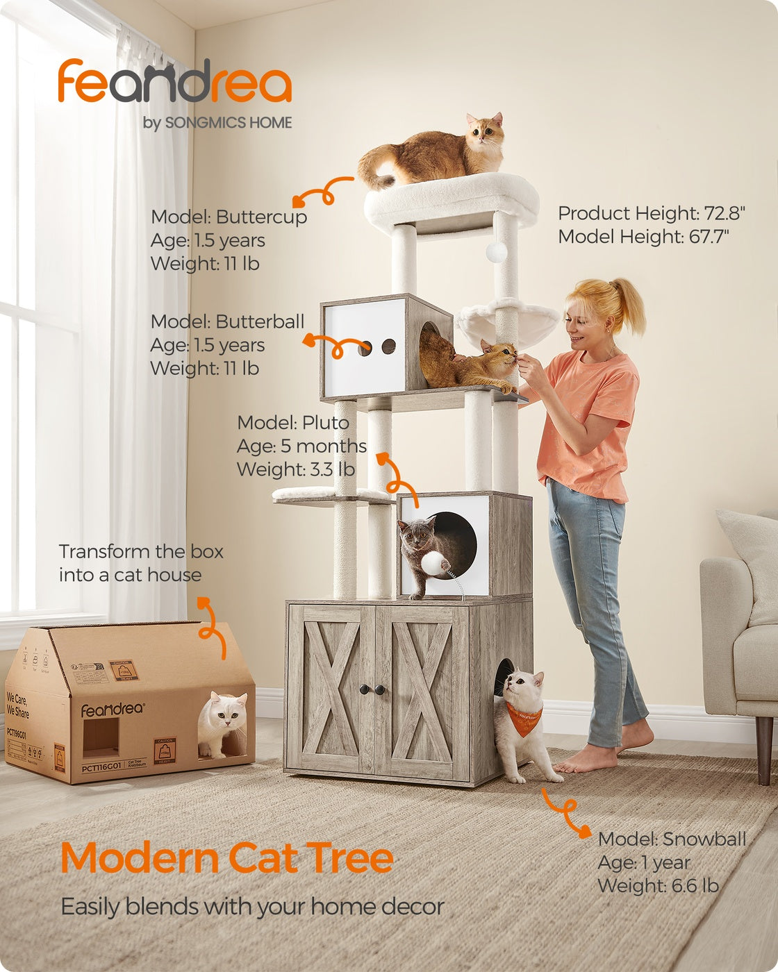 72.8-Inch Tall Cat Tree with Litter Box Enclosure