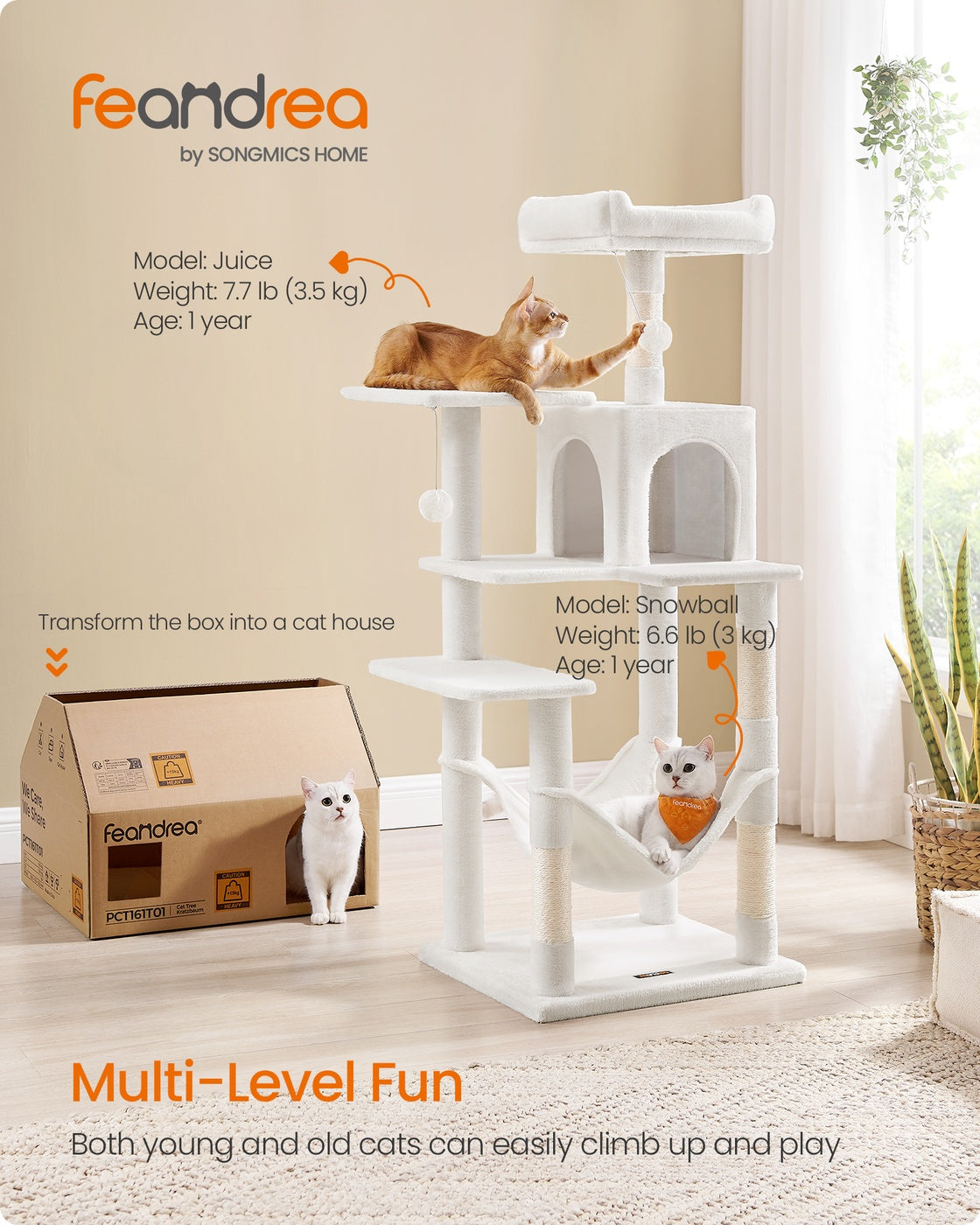 Cat Tree - Multi-Level Condo - 4 Scratching Posts - Hammock