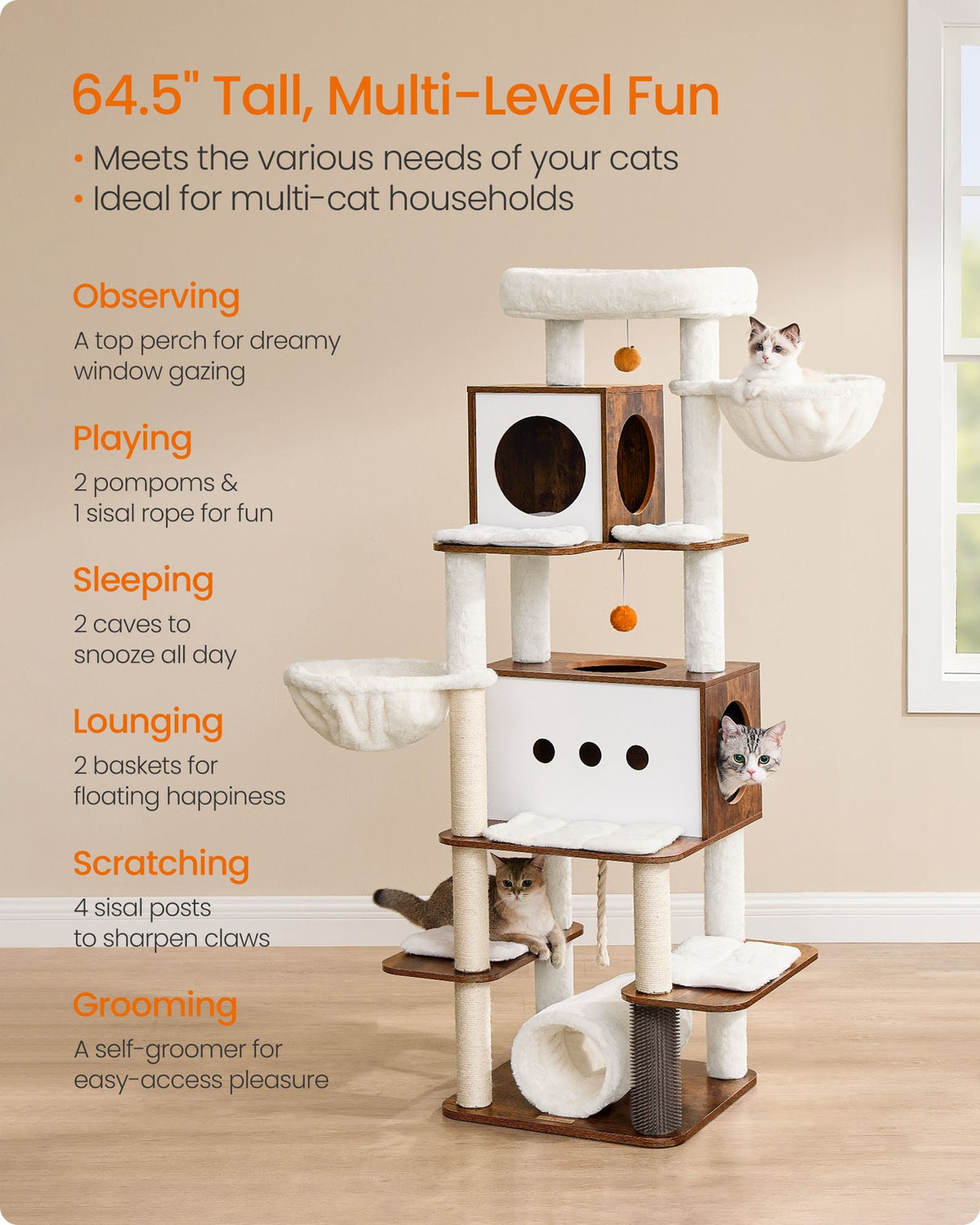 Modern Cat Tree - 77.5-Inch Tall - Multi-Level Condo