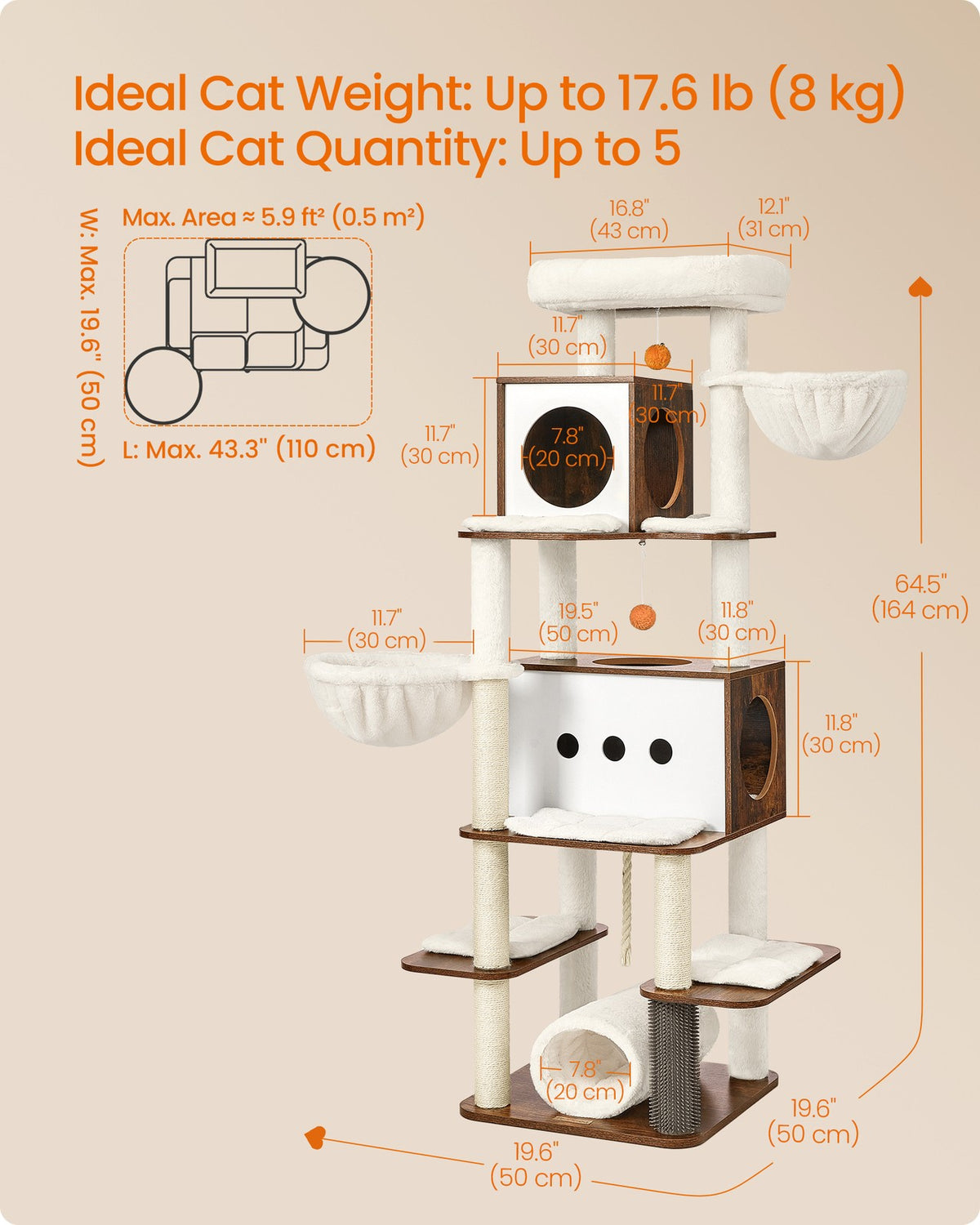 Modern Cat Tree - 77.5-Inch Tall - Multi-Level Condo