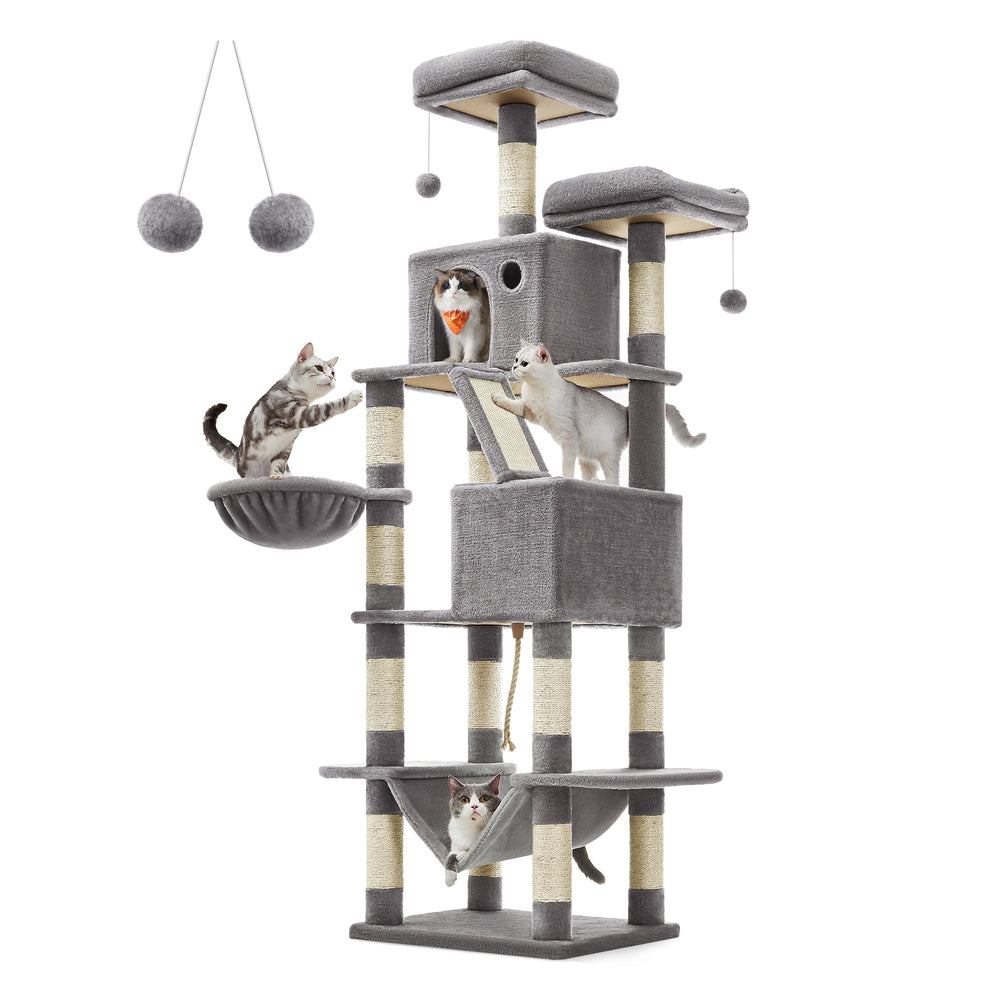 81.1" Large Multi-Level Cat Tree with 13 Scratching Posts - Light Gray