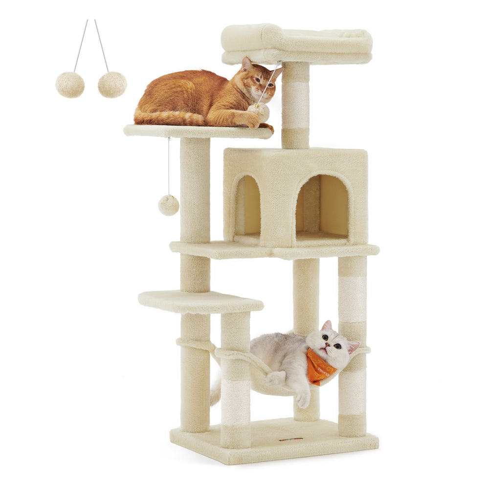 Cat Tree - 56.3-Inch Cat Tower for Indoor Cats - Multi-Level Cat Condo with 4 Scratching Posts Beige - Beige - 17.7"L x 13.8"W x 44.1"H