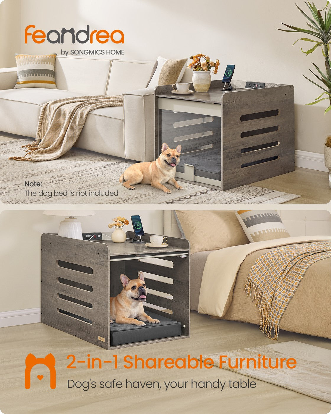 Modern Dog Crate with Charging Station - Heather Greige