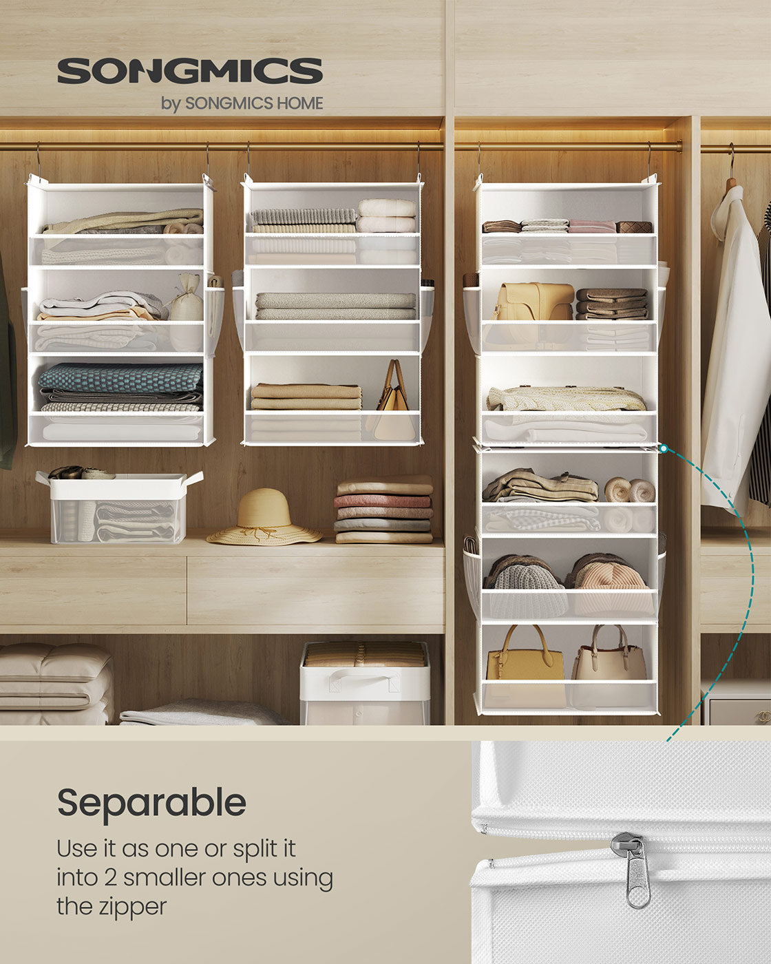 Hanging Closet Organizer - 6-Tier Fabric Shelf - Side Pockets