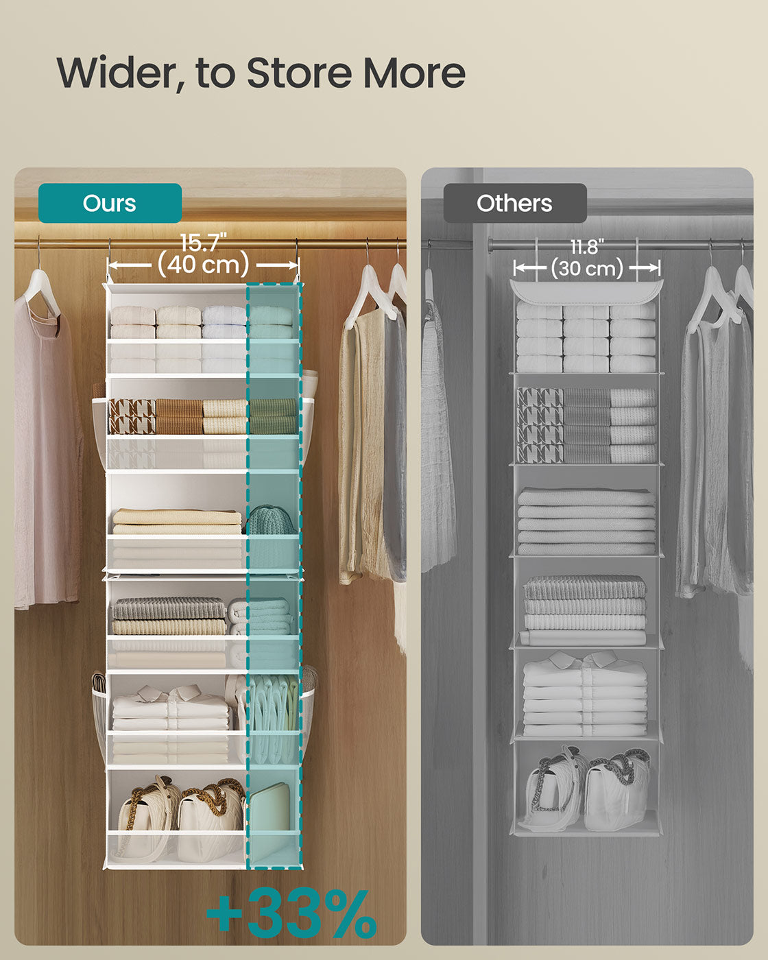 Hanging Closet Organizer - 6-Tier Fabric Shelf - Side Pockets