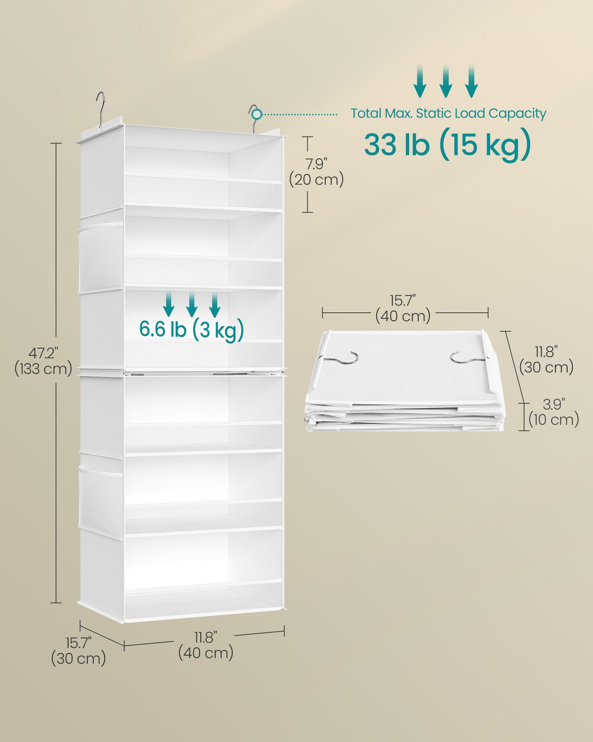 Hanging Closet Organizer - 6-Tier Fabric Shelf - Side Pockets