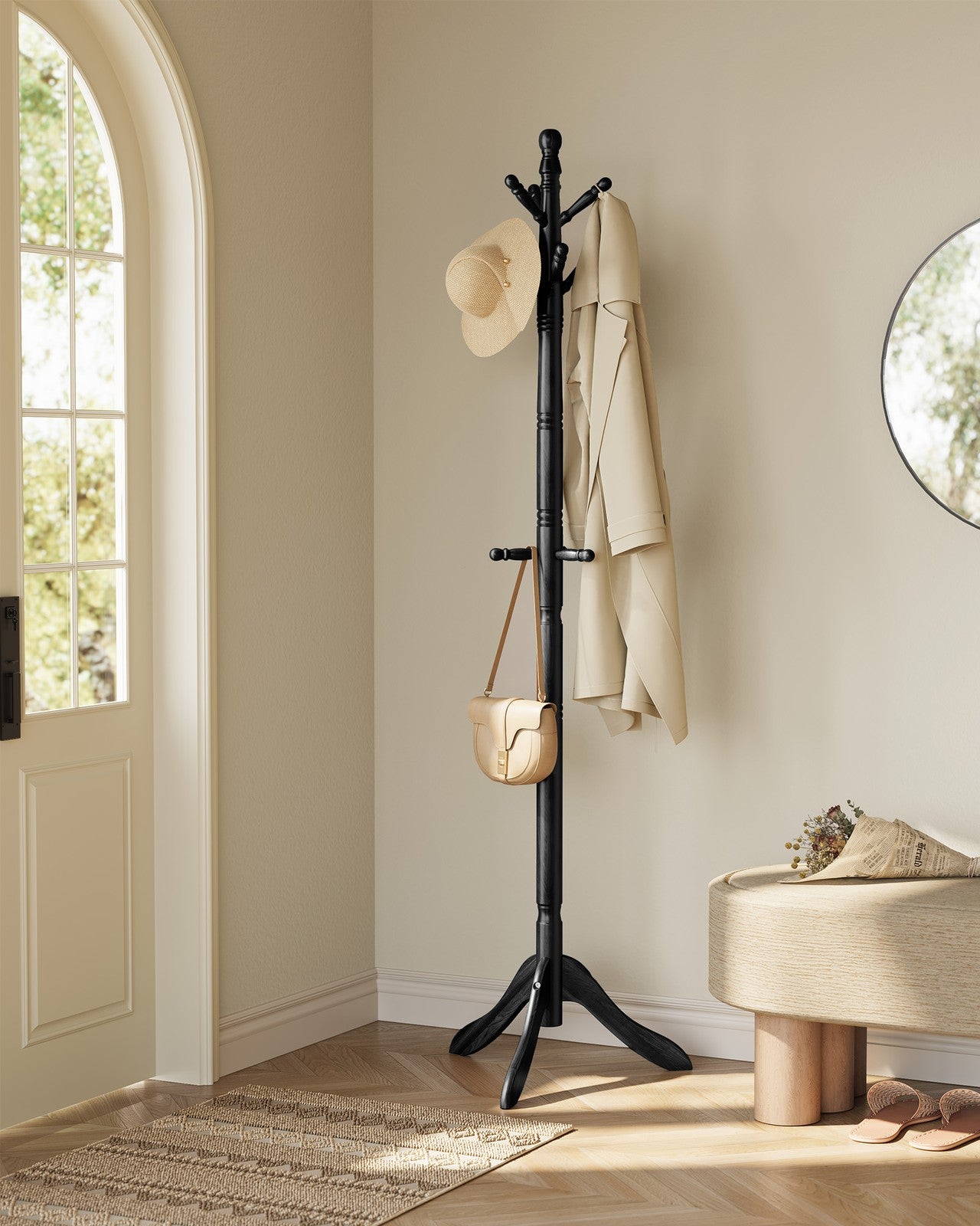 Solid Wood Coat Rack and Stand with 10 Hooks - Ink Black