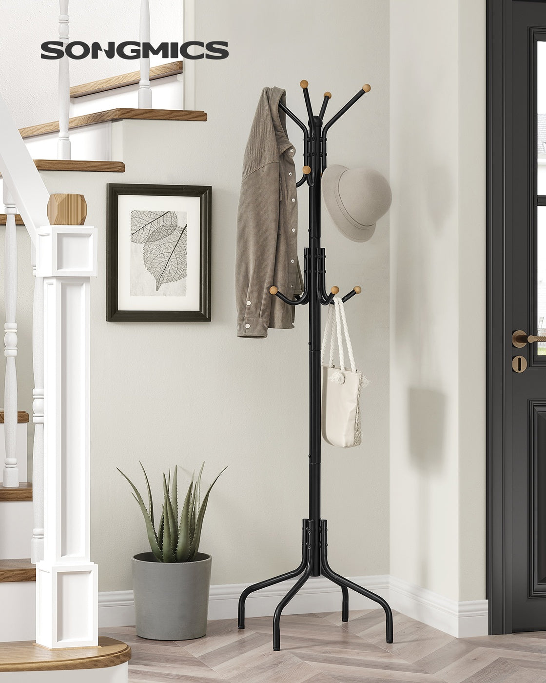 Coat Rack Freestanding with 12 Hooks and 4 Legs - Coffee Brown
