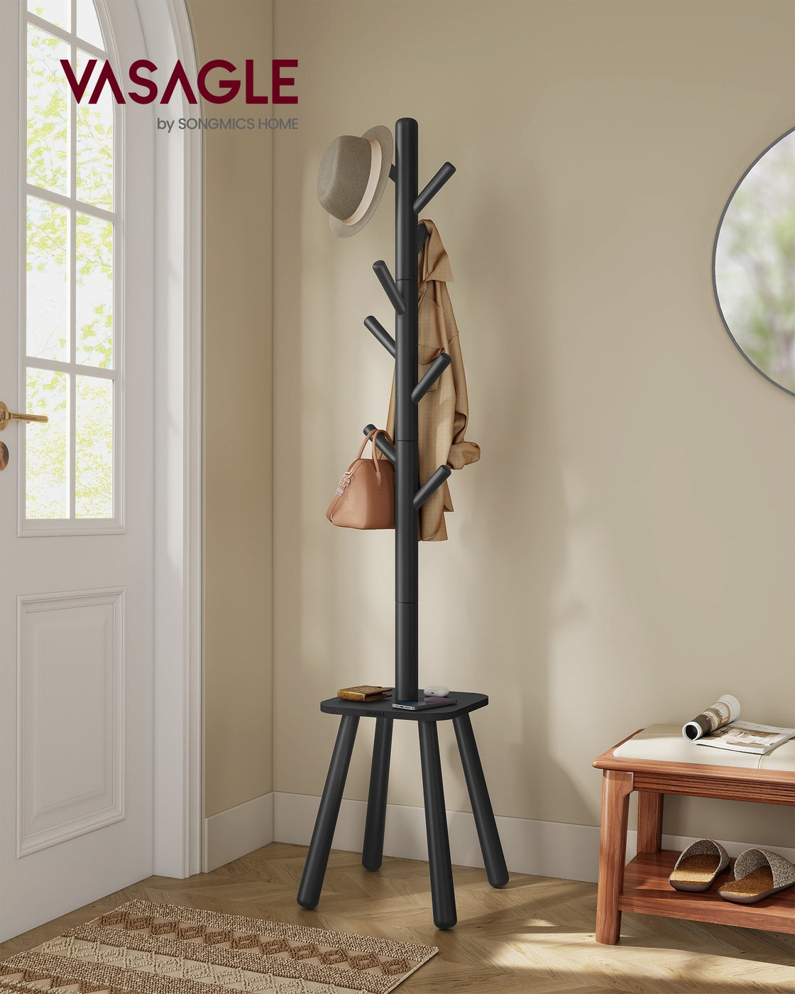 Free Standing Coat Stand with 8 Hooks and Storage Shelf Ink Black - 13.2""D x 13.2""W x 69.2""H
