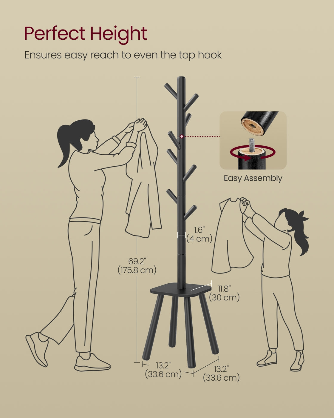 Free Standing Coat Stand with 8 Hooks and Storage Shelf Ink Black - 13.2""D x 13.2""W x 69.2""H