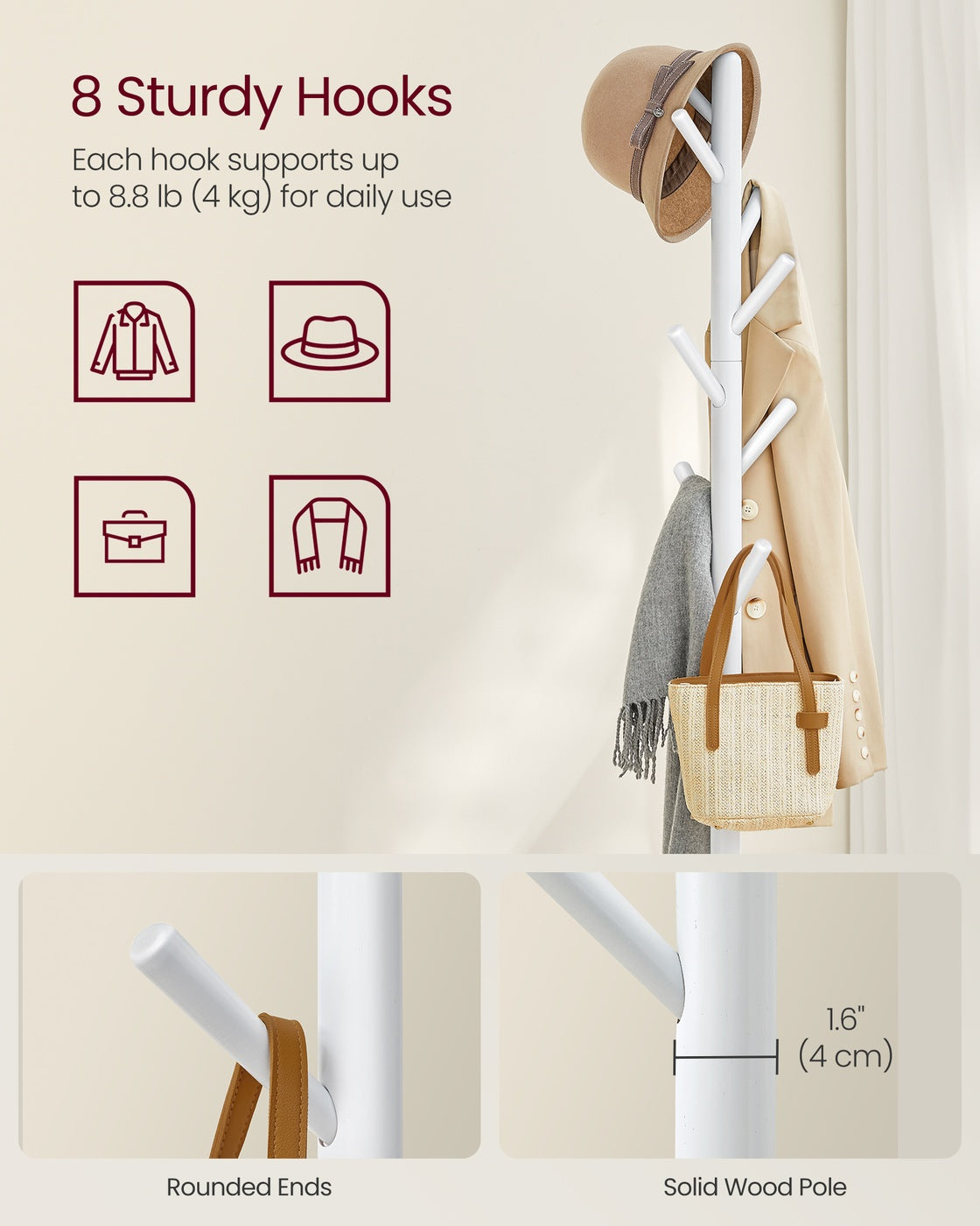 Hall Coat Tree - 8 Hooks - Storage Shelf - 67 Inch