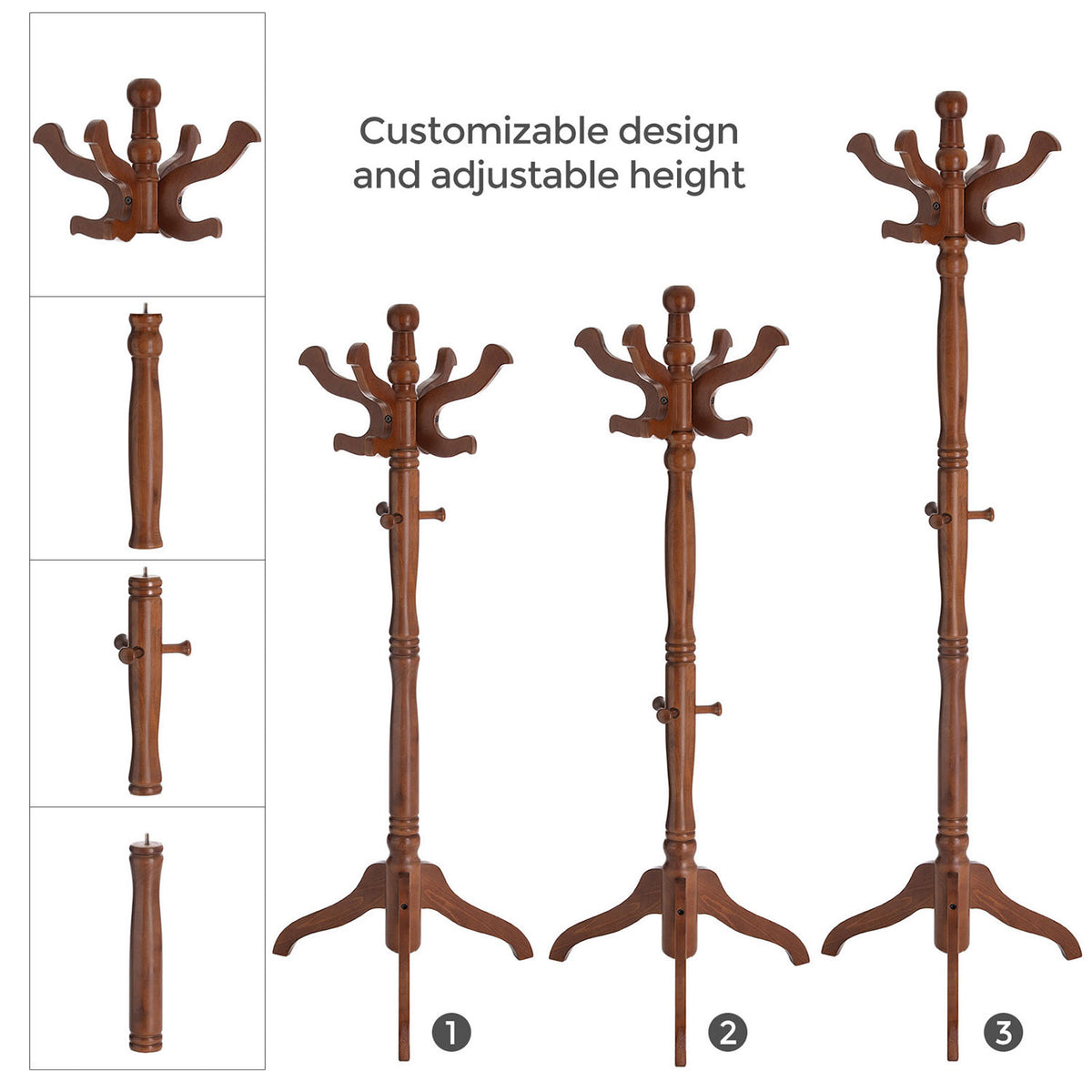 Coat Rack - Free Standing - 11 Hooks - Solid Rubberwood Base