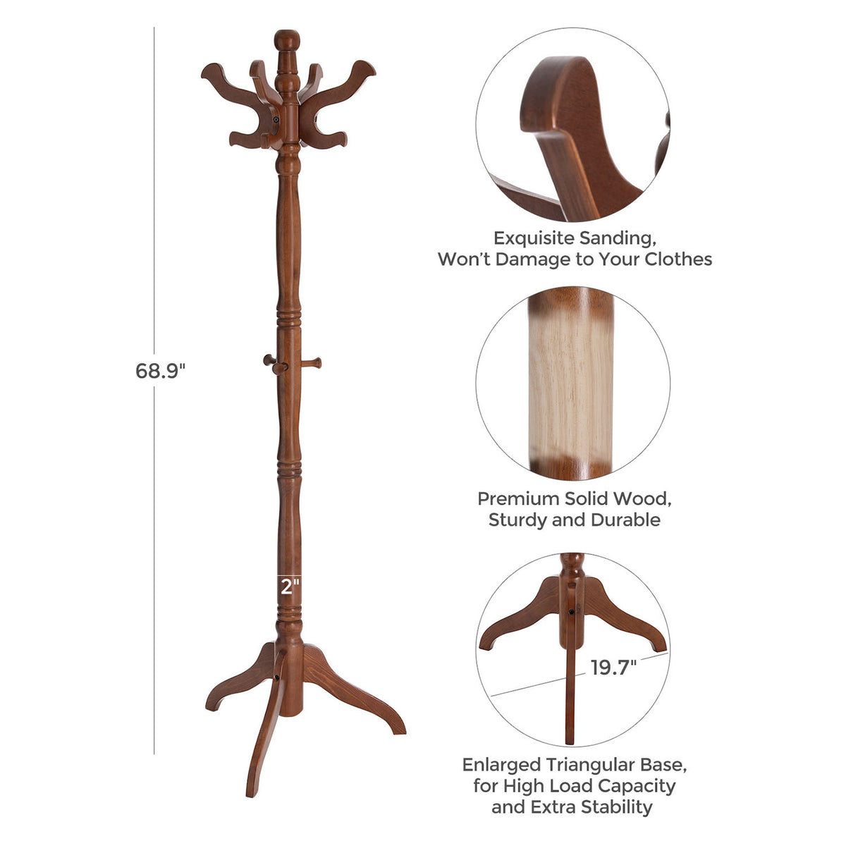 Coat Rack - Free Standing - 11 Hooks - Solid Rubberwood Base