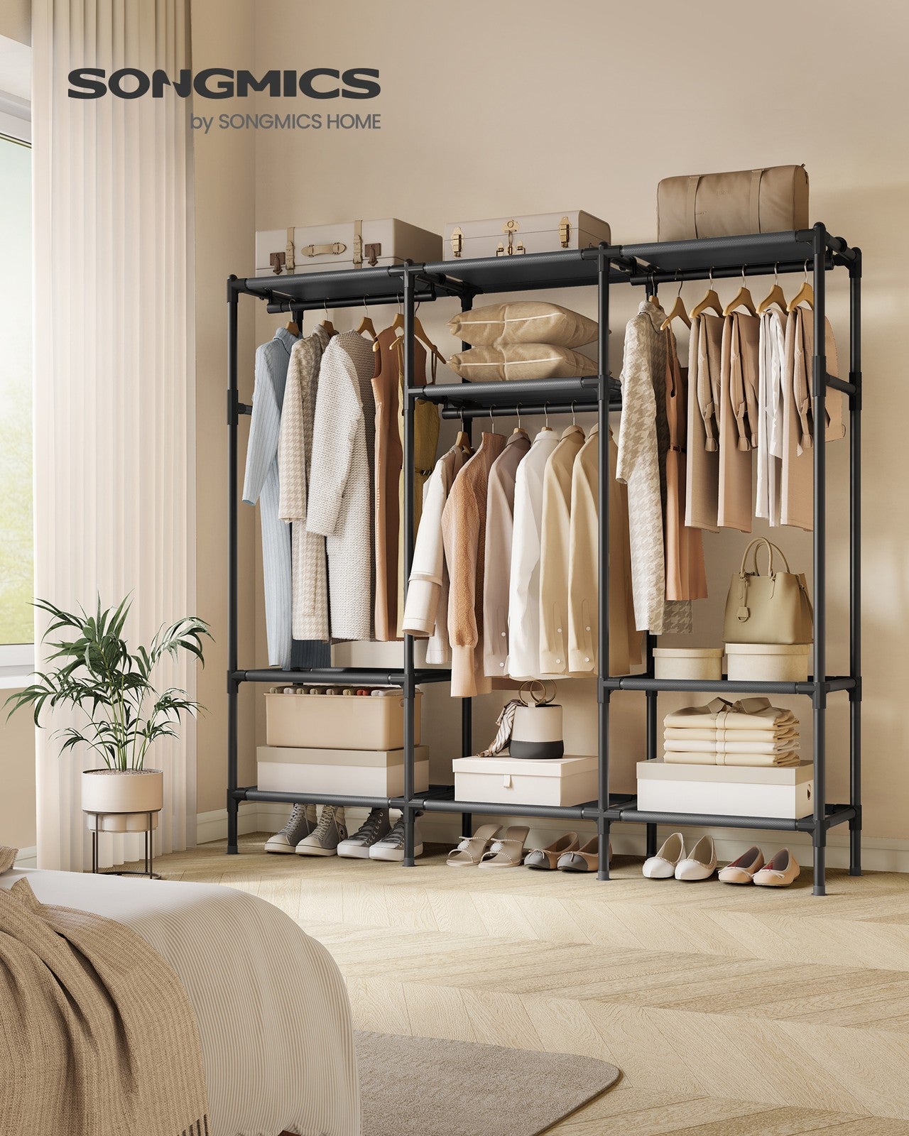 72 Inch Large Capacity Clothes Rack with Hanging Rails and Shelves