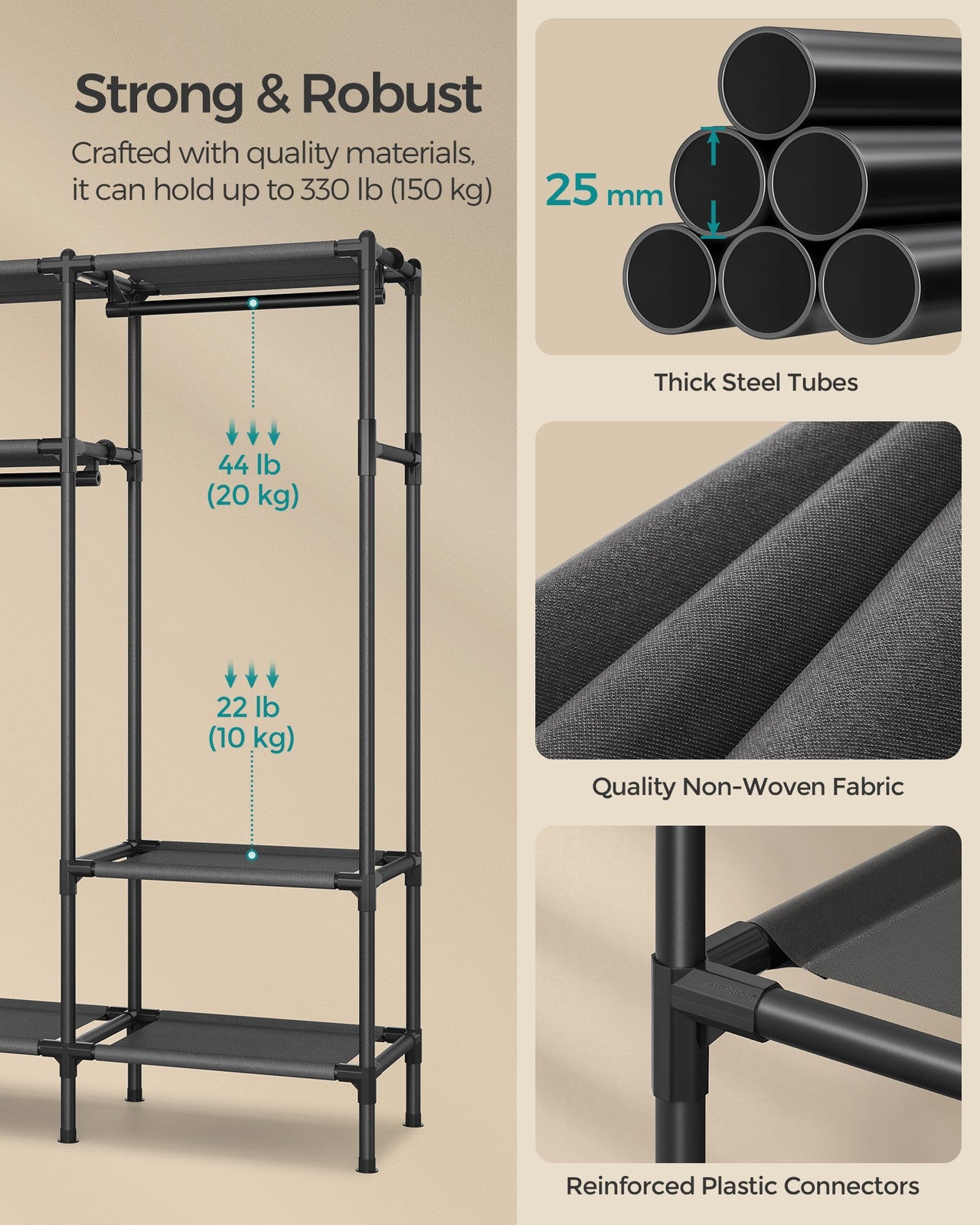 72 Inch Large Capacity Clothes Rack with Hanging Rails and Shelves