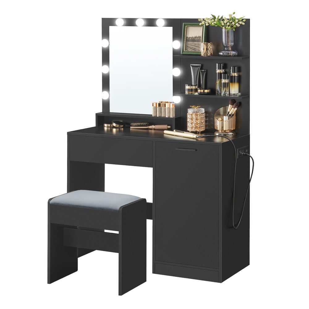Vanity Desk with Mirror and Lights - Ink Black