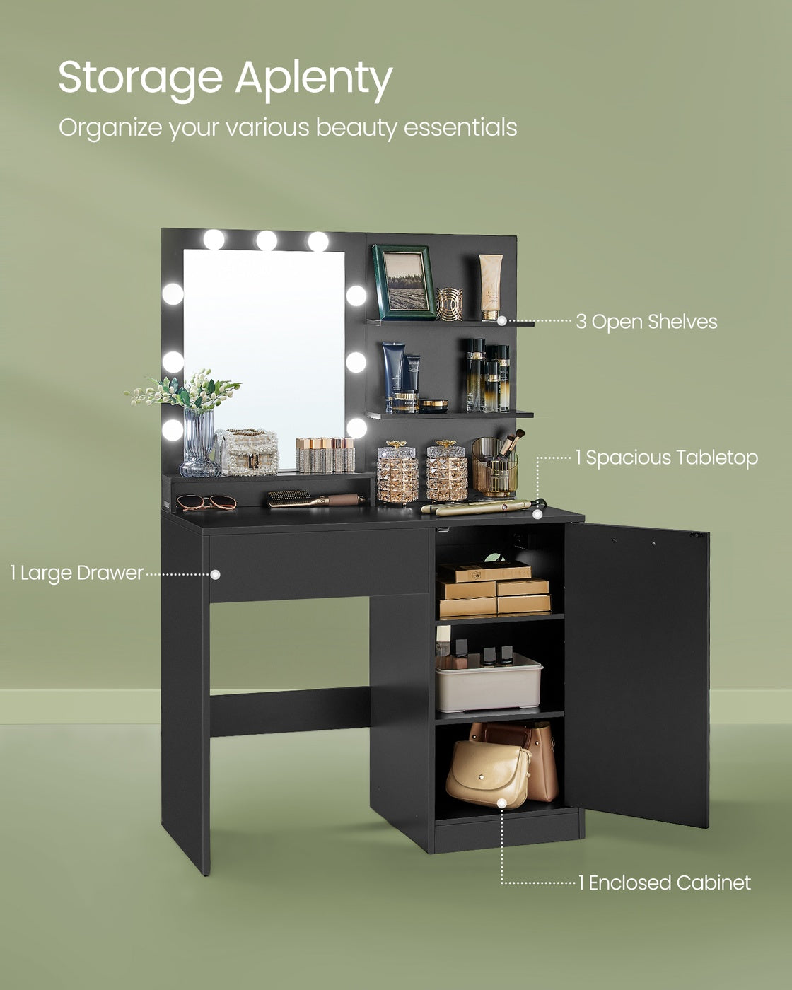 Vanity Desk with Mirror and Lights - Ink Black