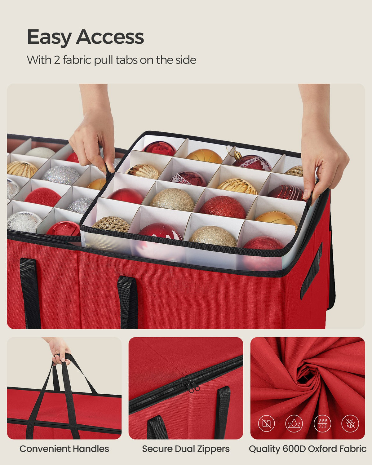 Large Christmas Ornament Storage Box with Dual Zippers - Cherry Red