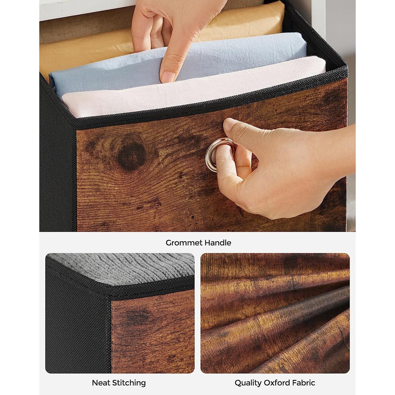 Set of 6 Storage Bins with Handles - Rustic Brown, Black