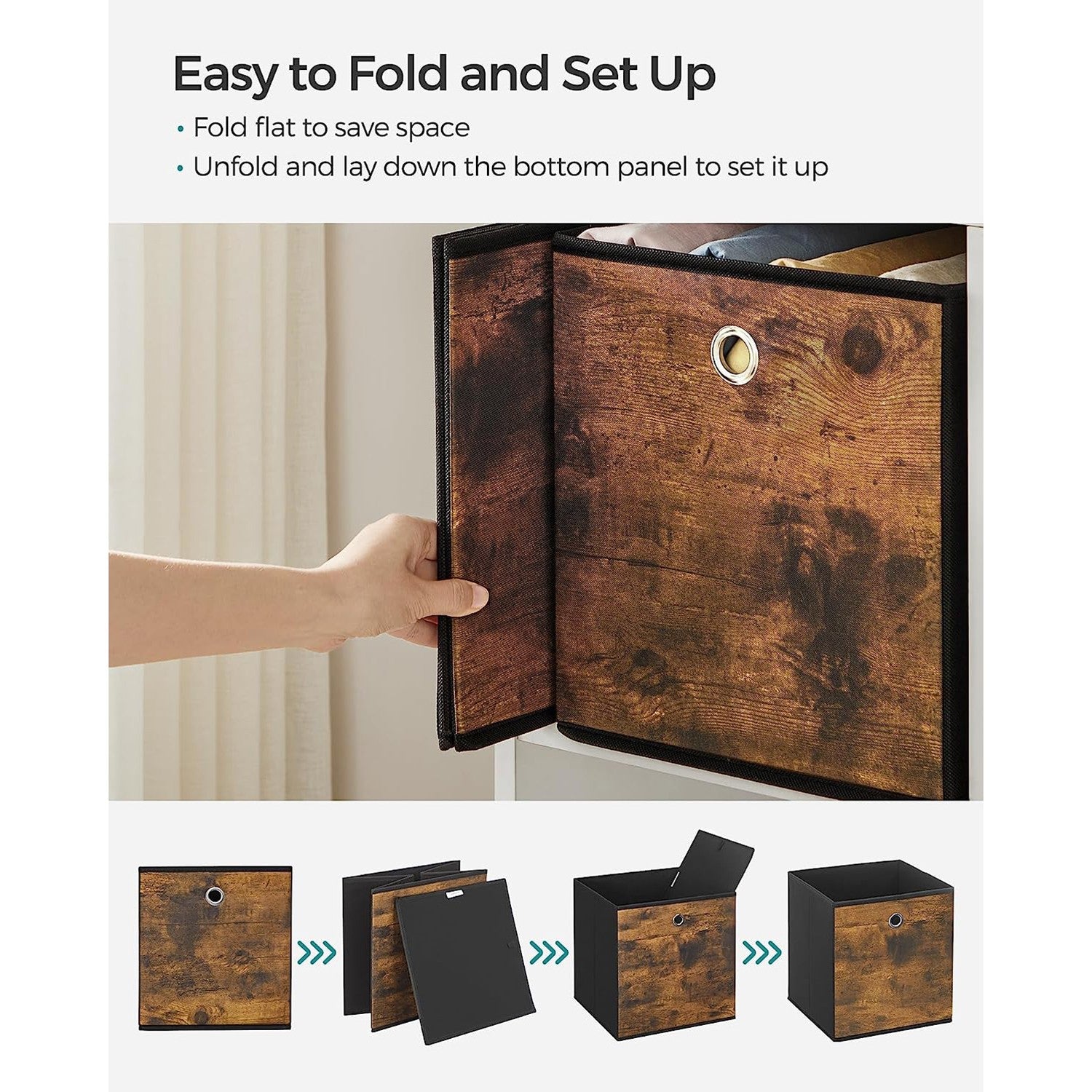 Set of 6 Storage Bins with Handles - Rustic Brown, Black