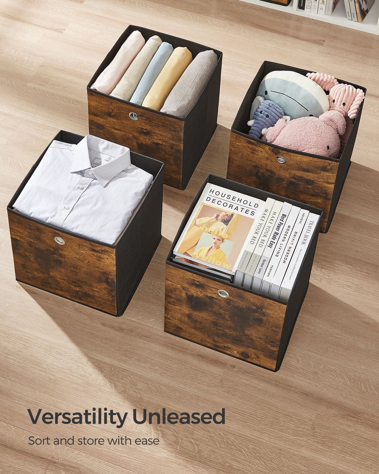Set of 6 Storage Bins with Handles - Rustic Brown, Black