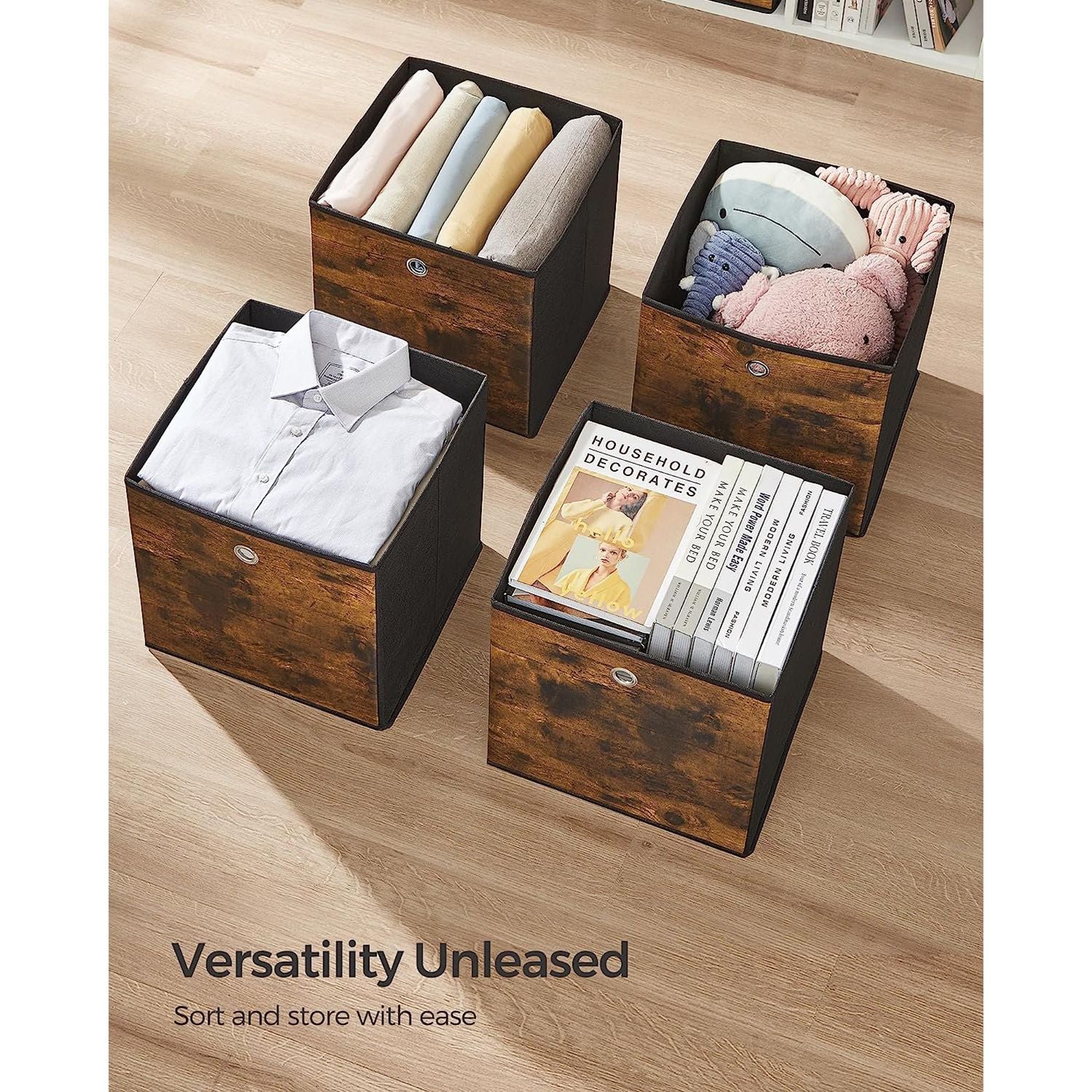 Set of 6 Storage Bins with Handles - Rustic Brown, Black