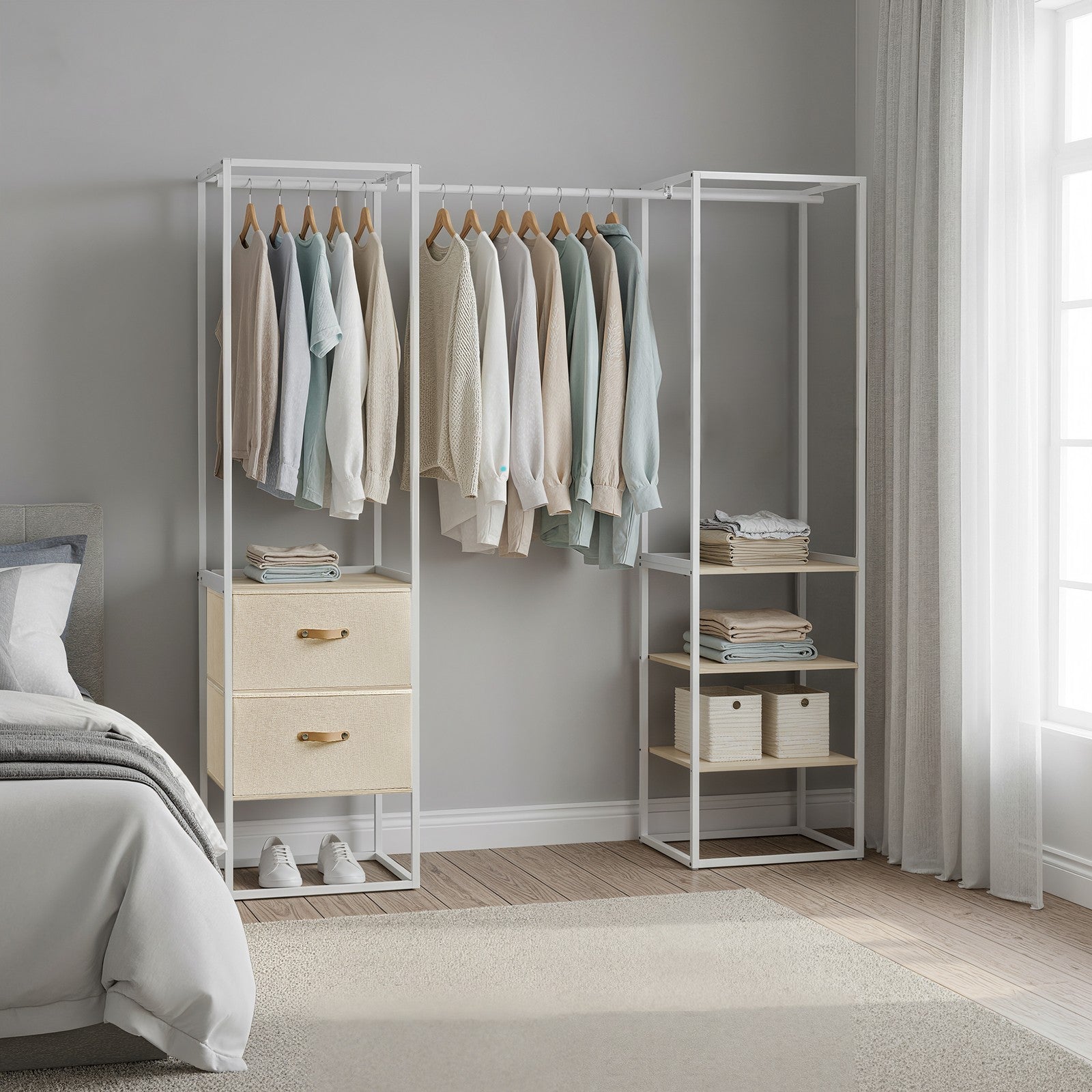 Freestanding Heavy Duty Clothes Rack with Extendable Hanging Rod - Natural Beige