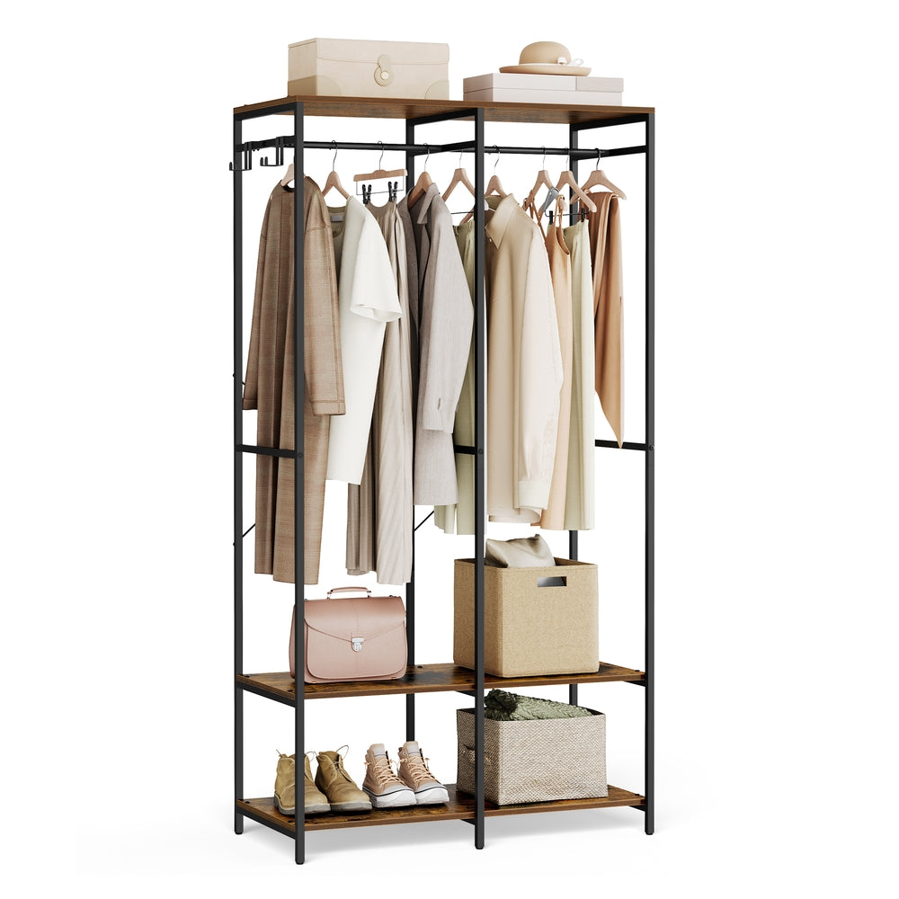 Iron and Wood Clothes Rack with Hanging Rods - Closet Shelves - Removable Hooks - Rustic Brown - 15.7"D x 37.2"W x 70.9"H