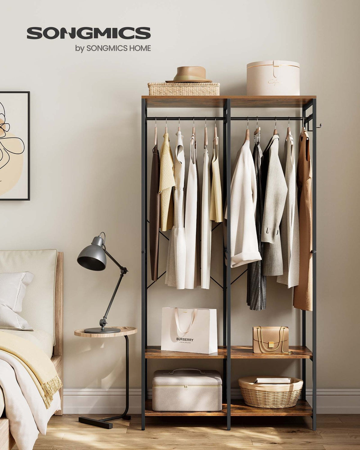 Iron and Wood Clothes Rack with Hanging Rods - Closet Shelves - Removable Hooks - Rustic Brown