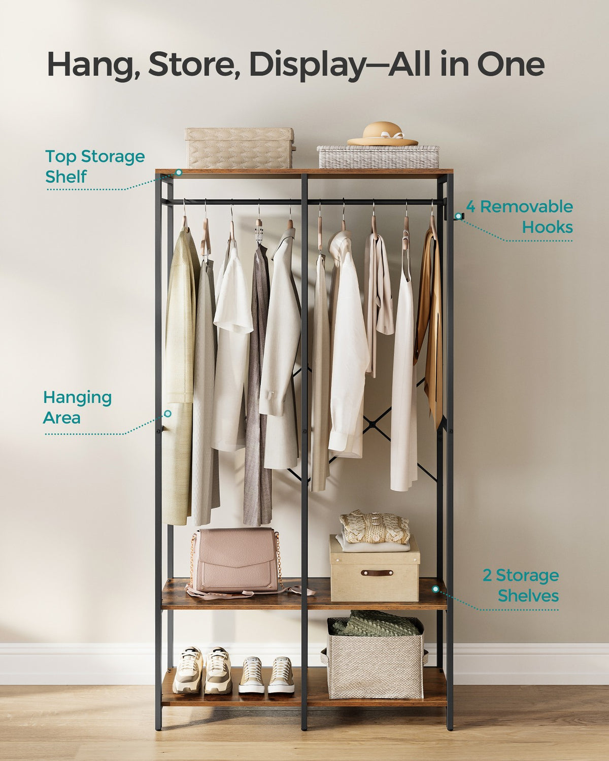 Iron and Wood Clothes Rack with Hanging Rods - Closet Shelves - Removable Hooks - Rustic Brown